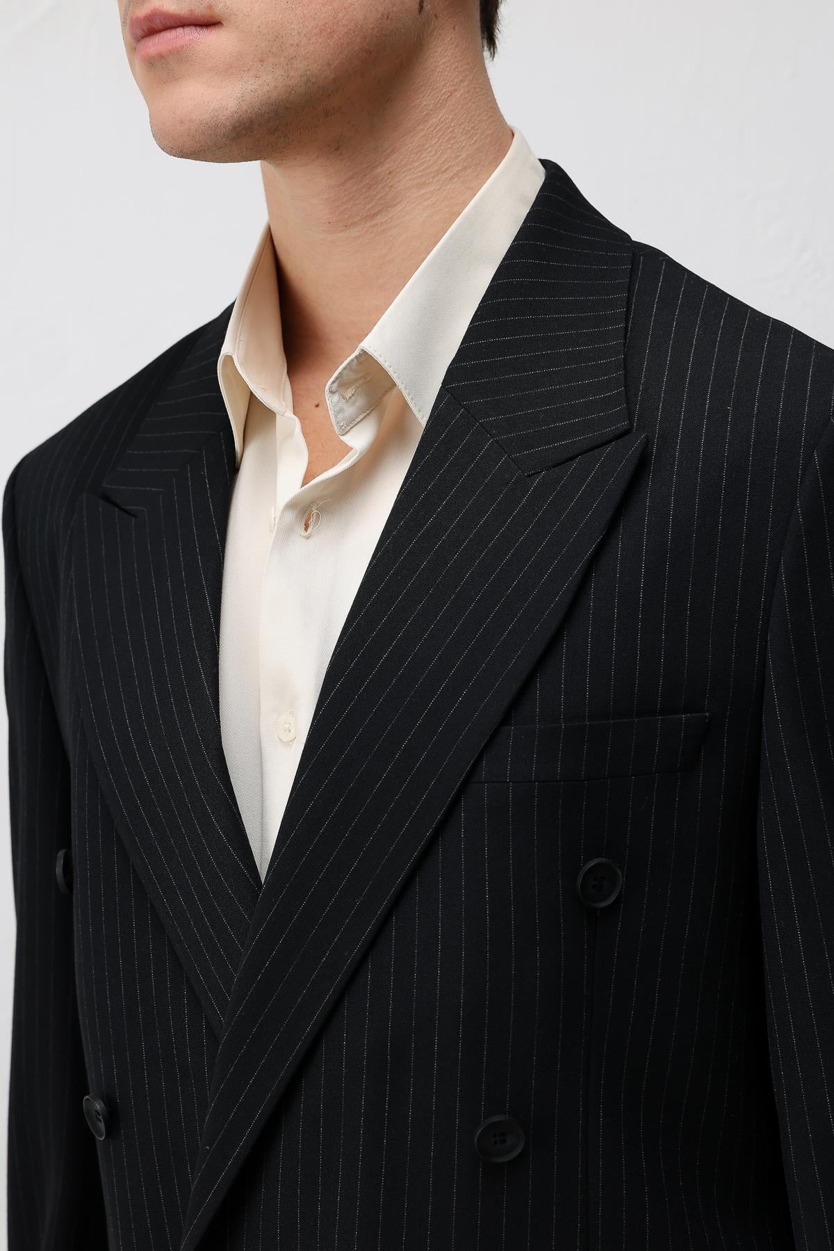 Antioch Siyah Relaxed Fit Çizgili Erkek Takım Elbise