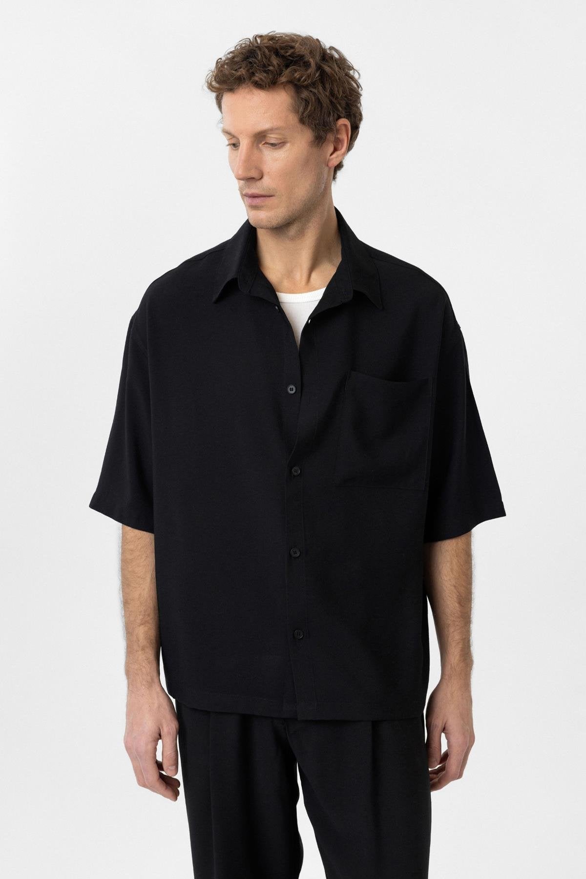 Antioch-Siyah Relaxed Kısa Kollu Erkek Gömlek-Gömlek-3-Milagron.com