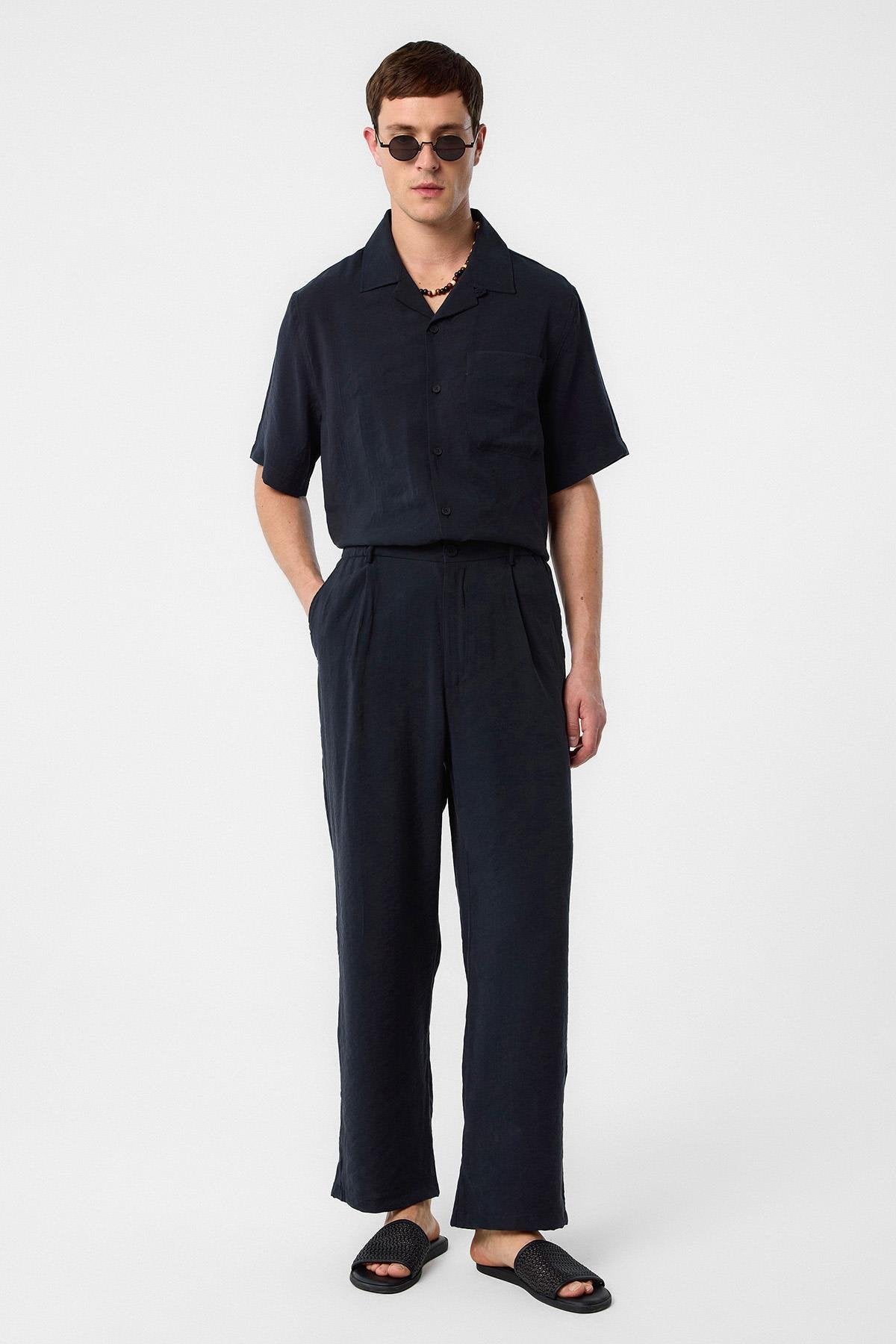 Antioch-Siyah Relaxed Modal Kumaş Yüksek Bel Erkek Pantolon-Kumaş Pantolon-2-Milagron.com