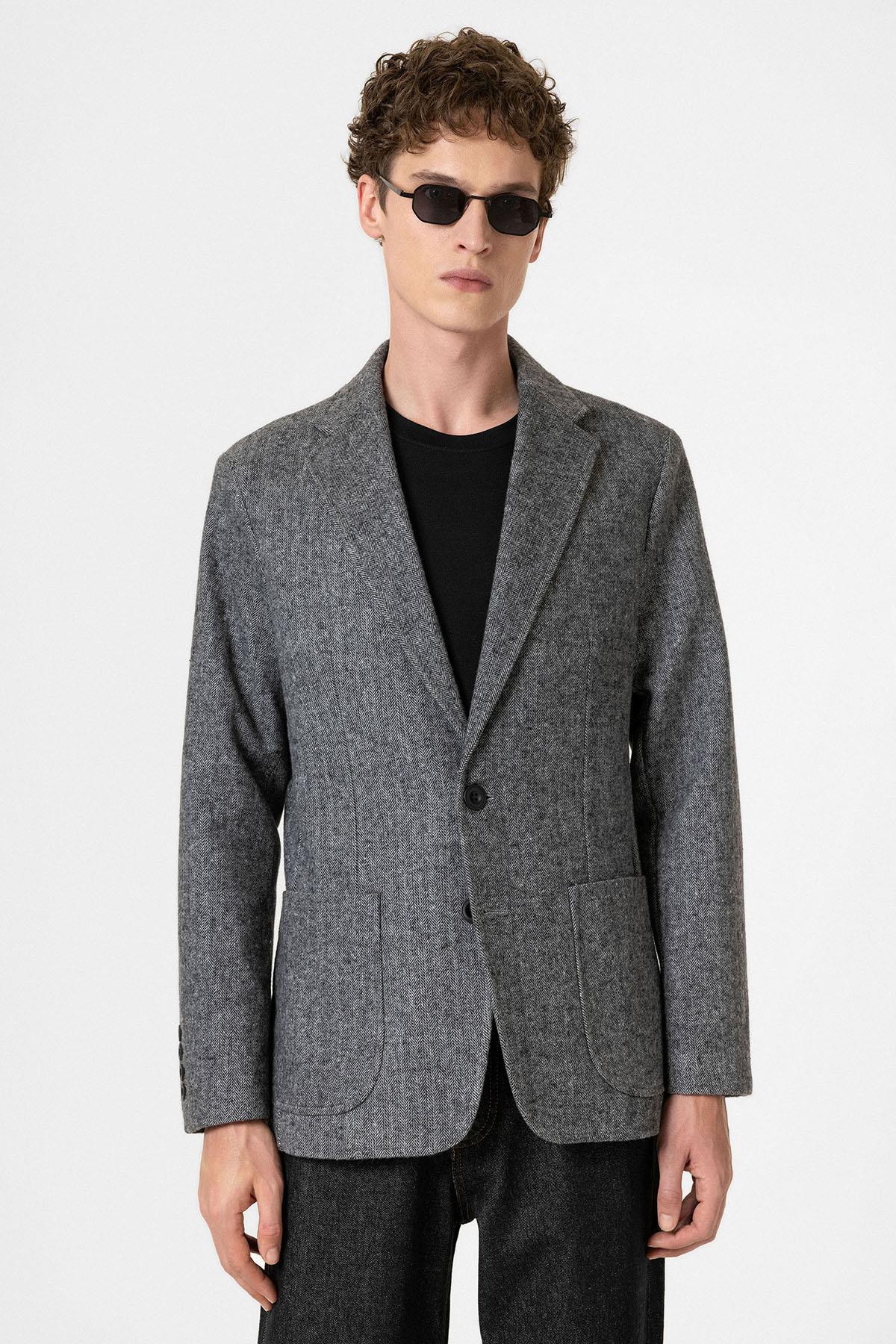 Antioch-Siyah Slim Fit Balıksırtı Desenli Erkek Blazer Ceket-Ceket-1-Milagron.com