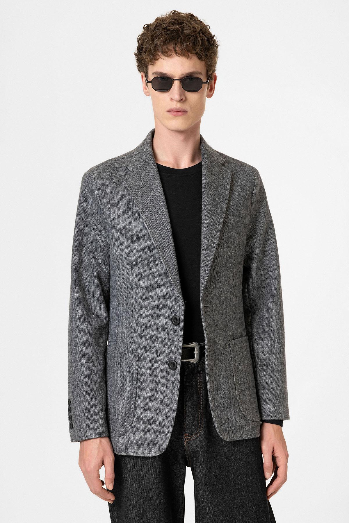 Antioch-Siyah Slim Fit Balıksırtı Desenli Erkek Blazer Ceket-Ceket-2-Milagron.com