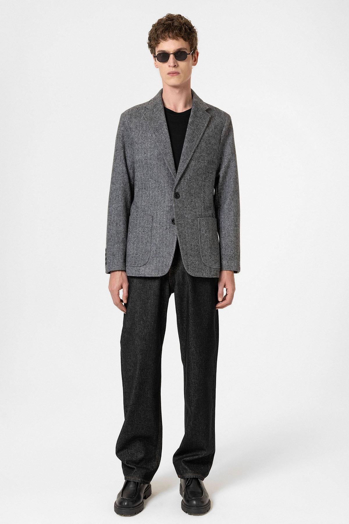 Antioch-Siyah Slim Fit Balıksırtı Desenli Erkek Blazer Ceket-Ceket-3-Milagron.com