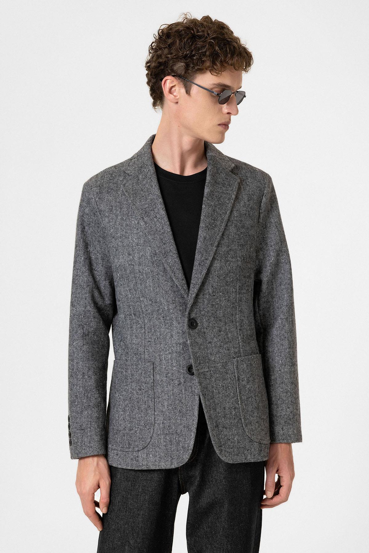 Antioch-Siyah Slim Fit Balıksırtı Desenli Erkek Blazer Ceket-Ceket-4-Milagron.com