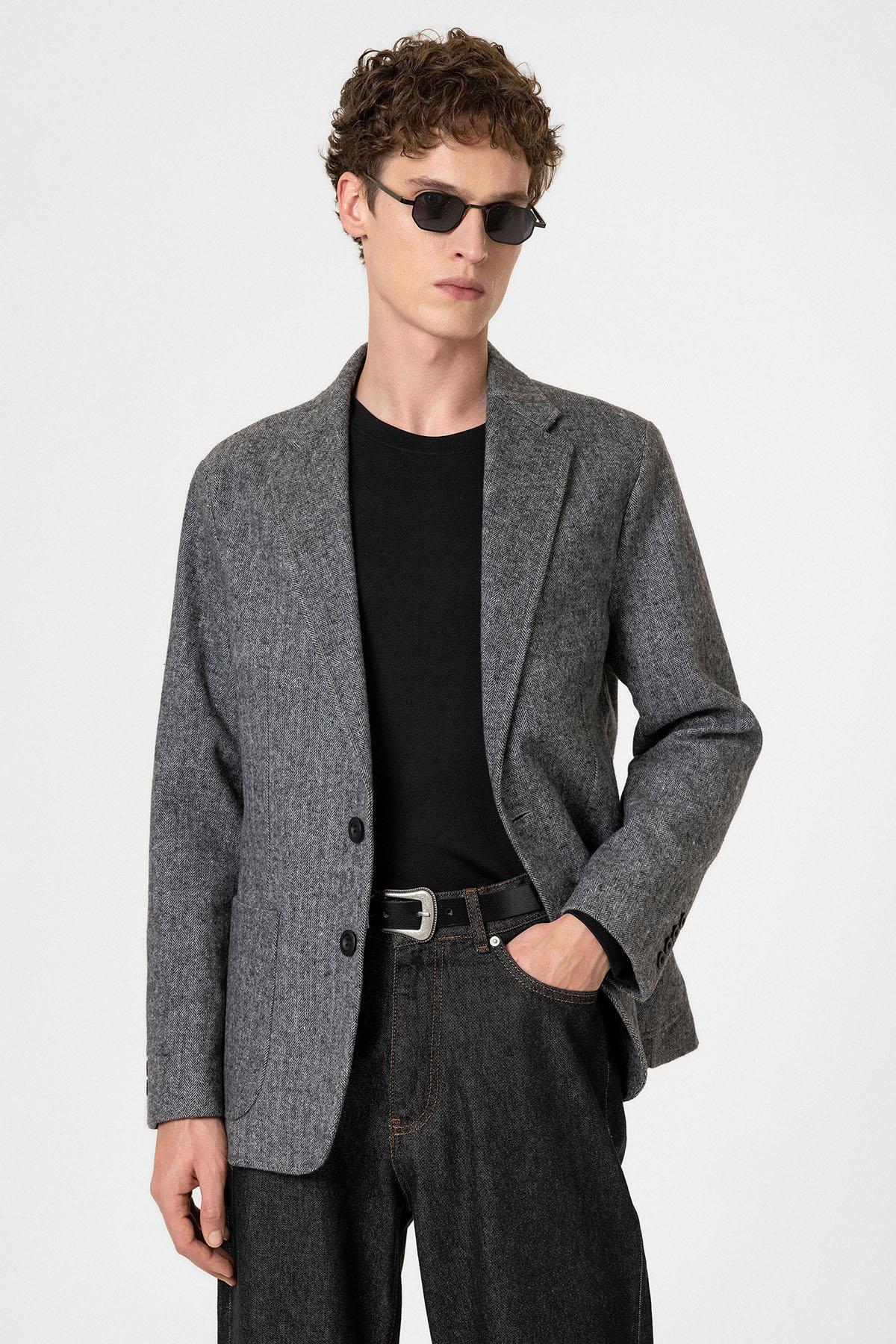 Antioch-Siyah Slim Fit Balıksırtı Desenli Erkek Blazer Ceket-Ceket-5-Milagron.com