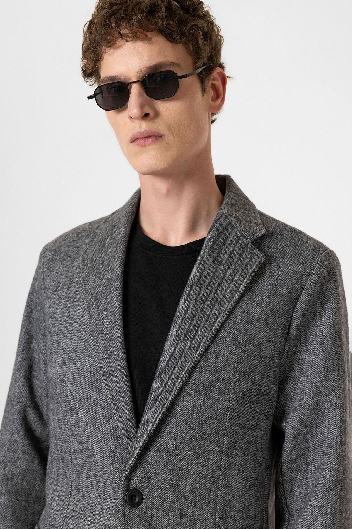 Antioch-Siyah Slim Fit Balıksırtı Desenli Erkek Blazer Ceket-Ceket-6-Milagron.com