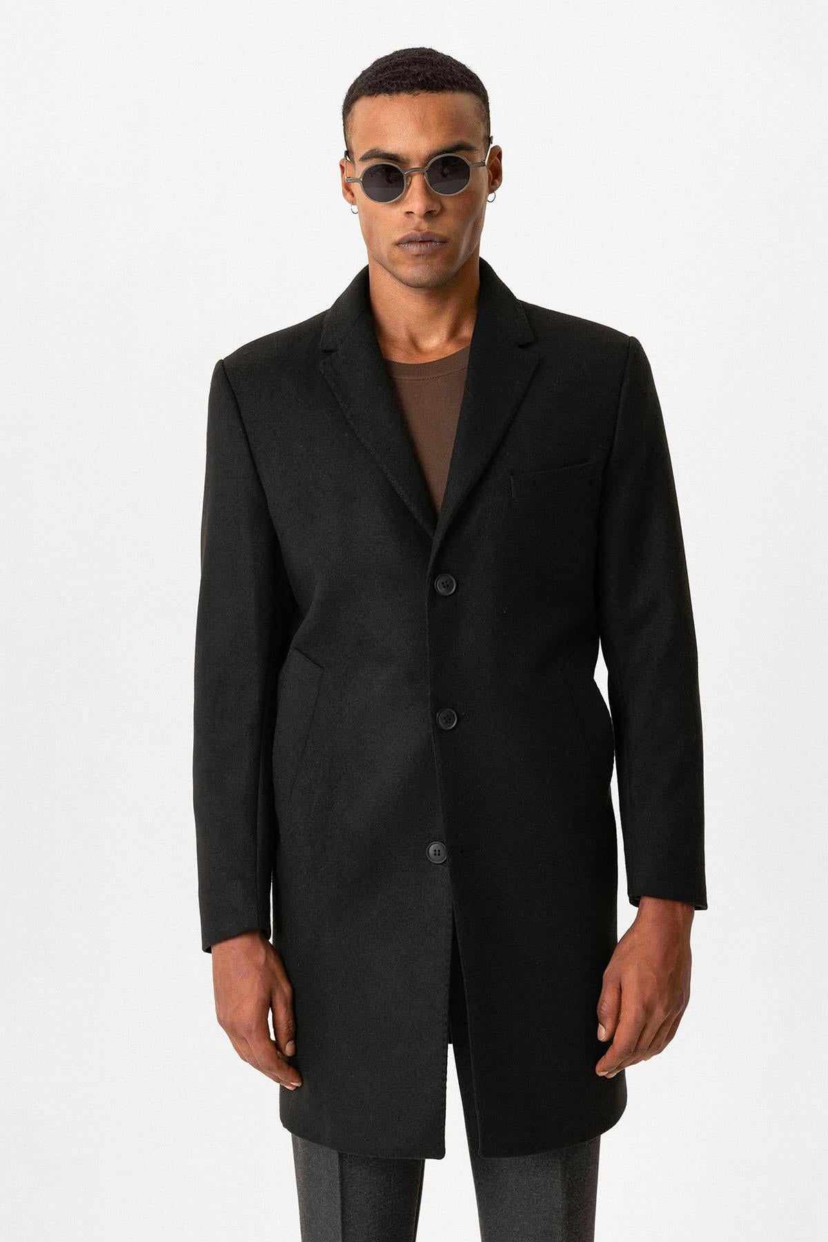 Antioch-Siyah Slim Fit Ceket Yaka Erkek Kaban-Kaban-1-Milagron.com