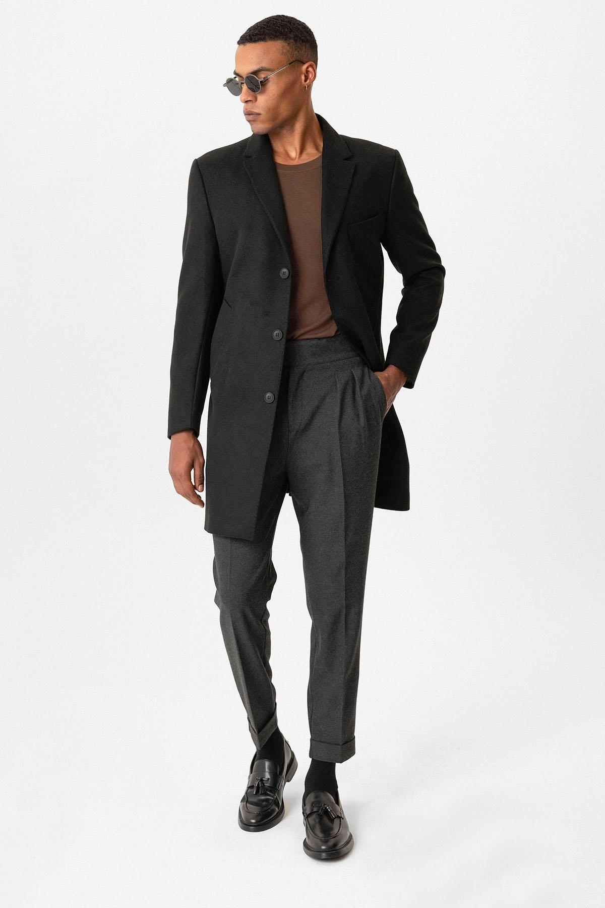 Antioch-Siyah Slim Fit Ceket Yaka Erkek Kaban-Kaban-3-Milagron.com