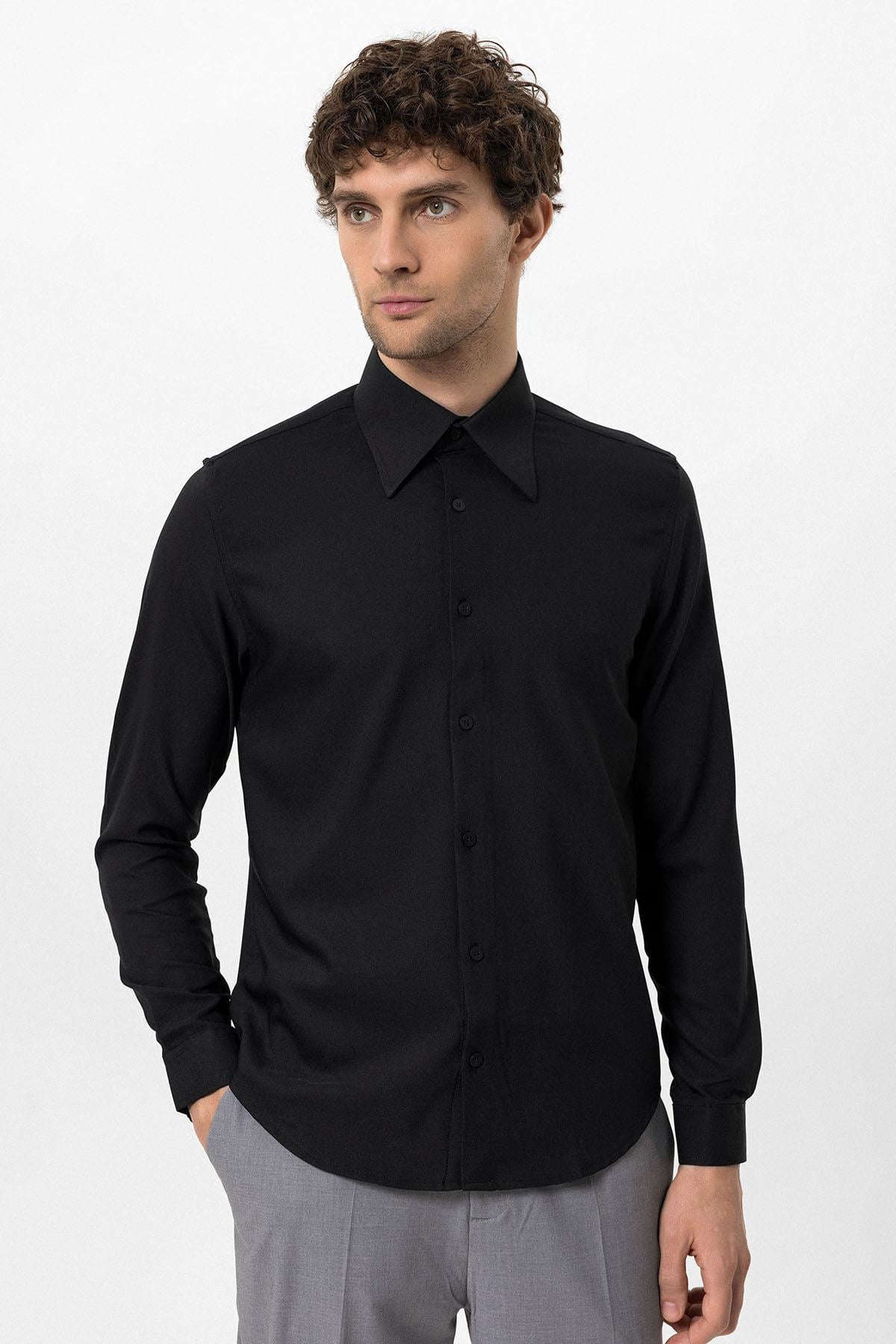 Antioch Siyah Slim Fit Erkek Uzun Kollu Geniş Yaka Gömlek