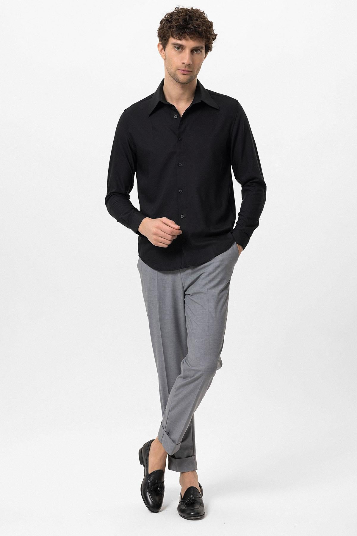 Antioch Siyah Slim Fit Erkek Uzun Kollu Geniş Yaka Gömlek