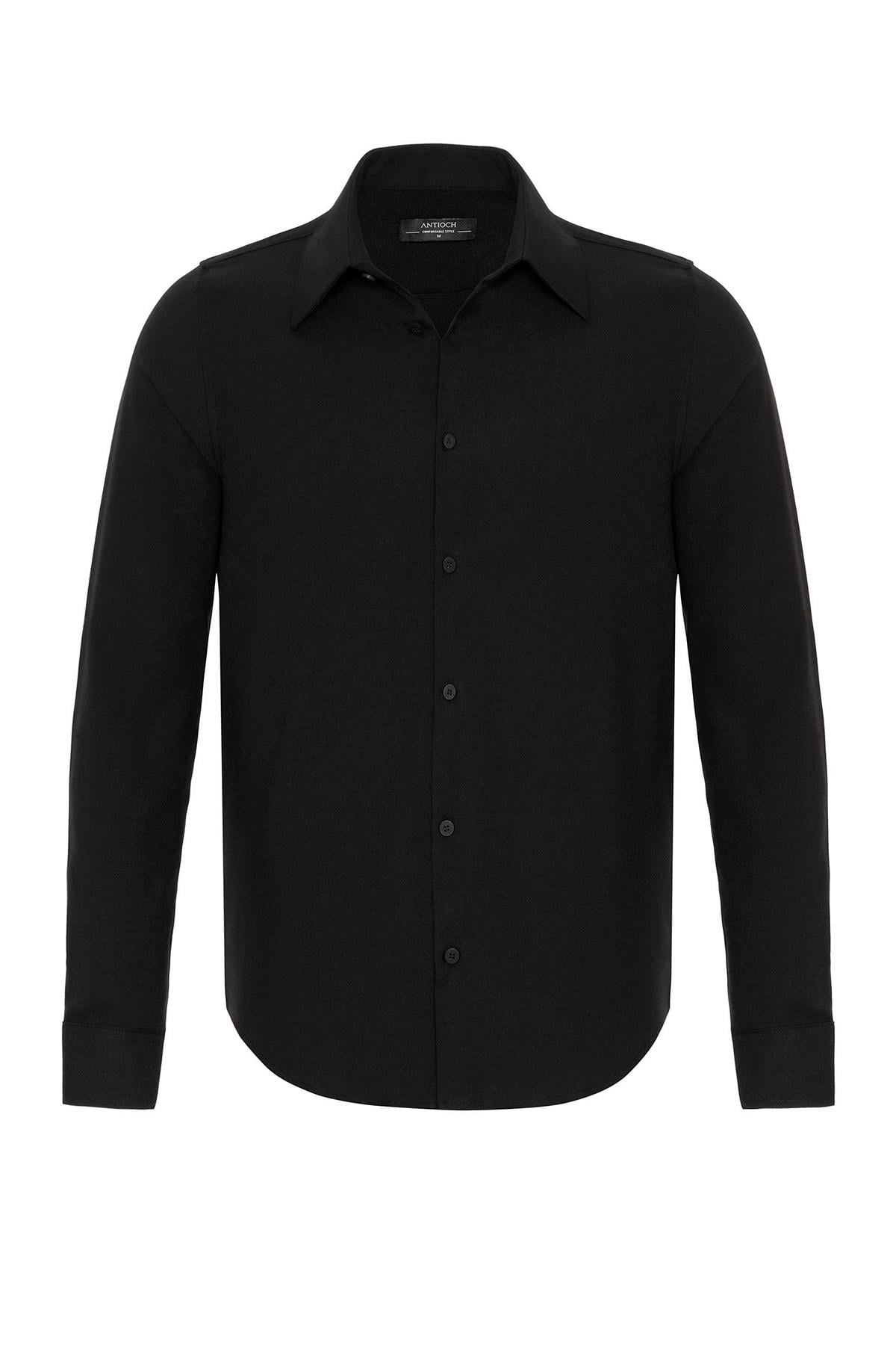 Antioch Siyah Slim Fit Erkek Uzun Kollu Geniş Yaka Gömlek