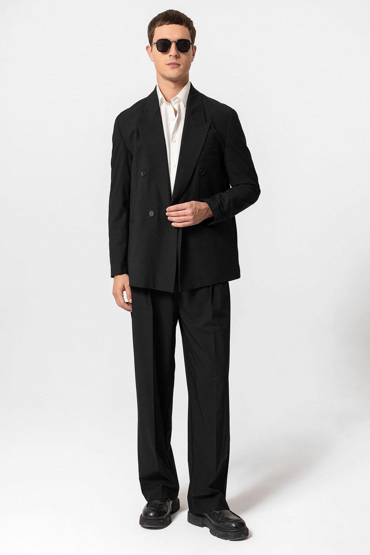 Antioch-Siyah Tek Düğme Kruvaze Erkek Blazer Ceket-Blazer Ceket-3-Milagron.com