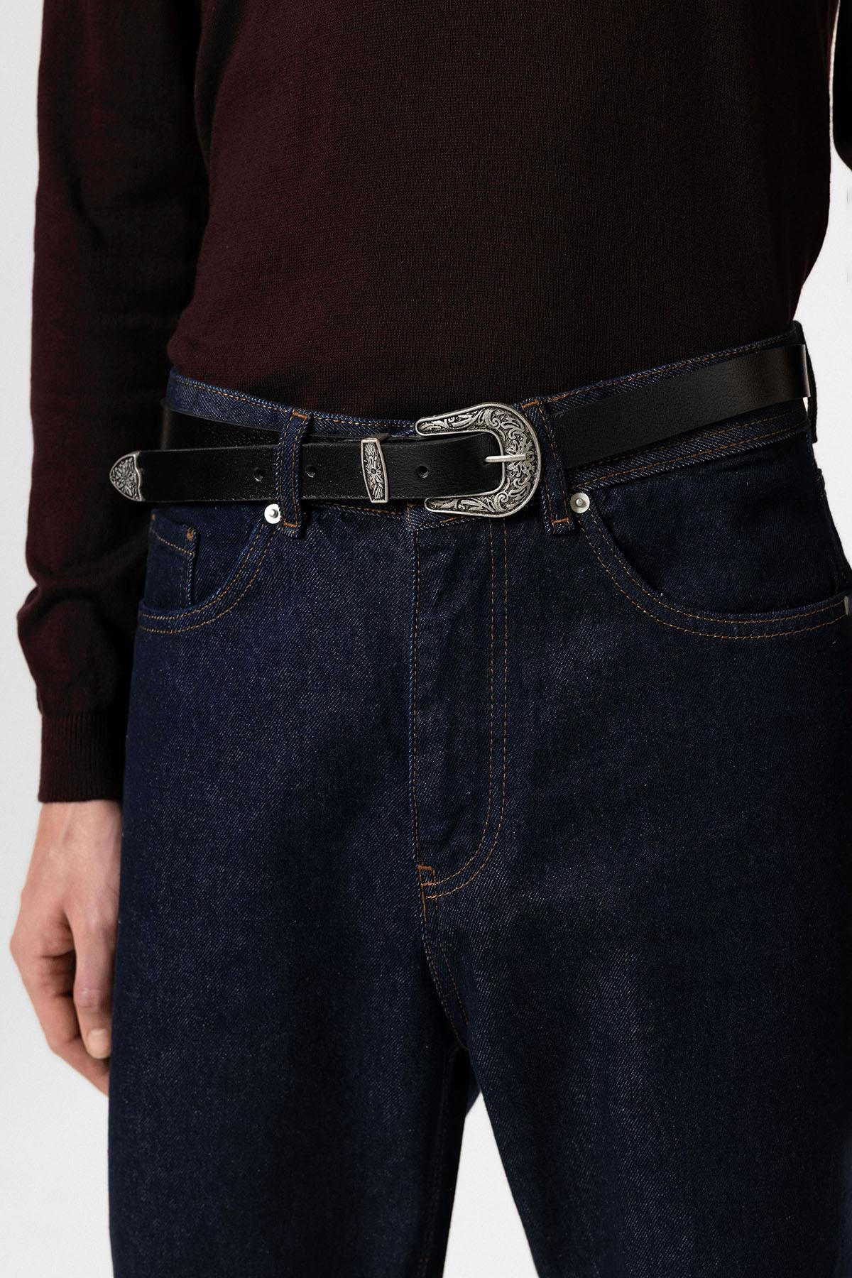 Antioch-Siyah Toka İşlemeli Vintage Erkek Deri Kemer-Kemer-3-Milagron.com