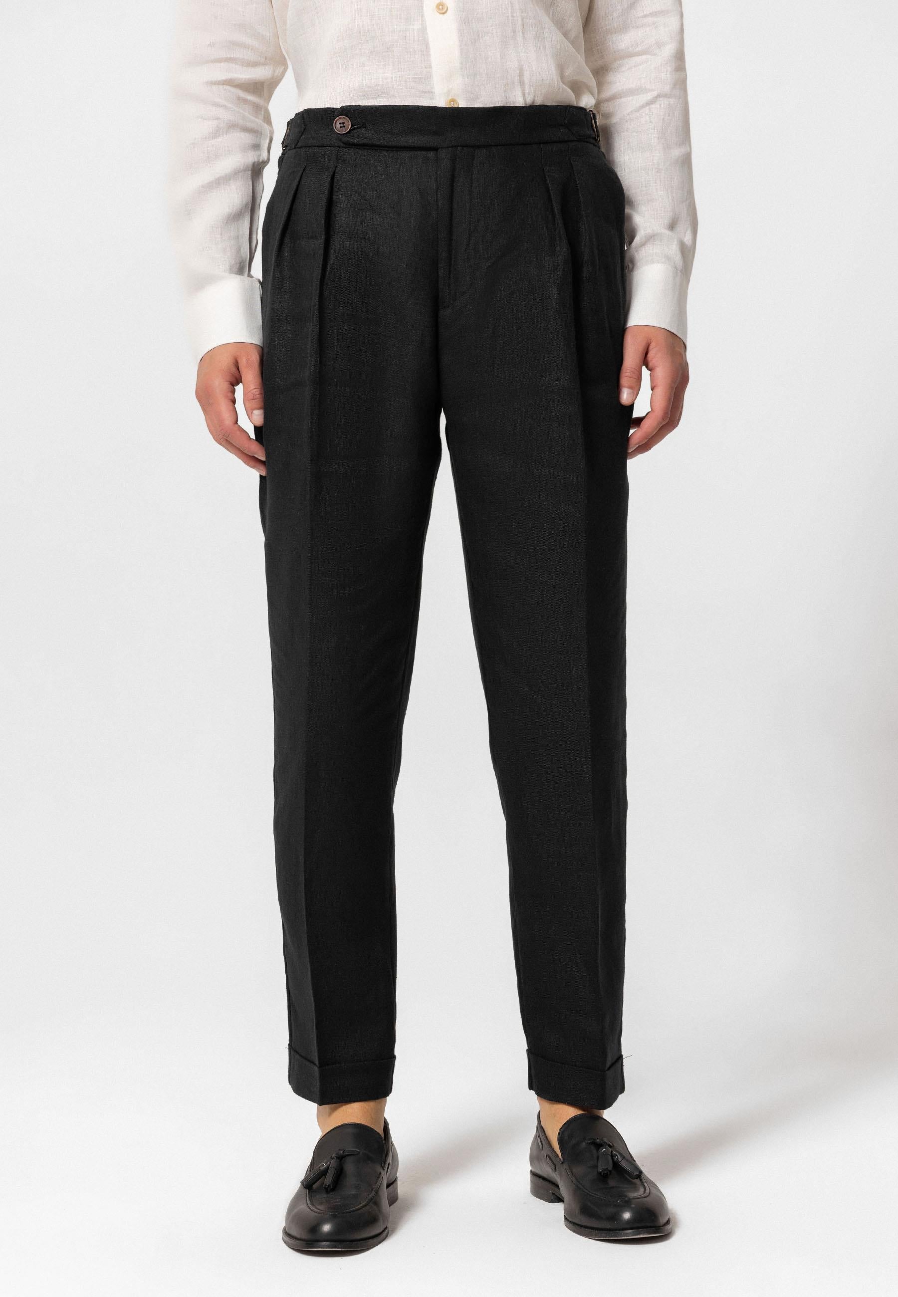 Antioch-Siyah Yüksek Bel %100 Keten Pileli Erkek Pantolon-Pantolon-1-Milagron.com