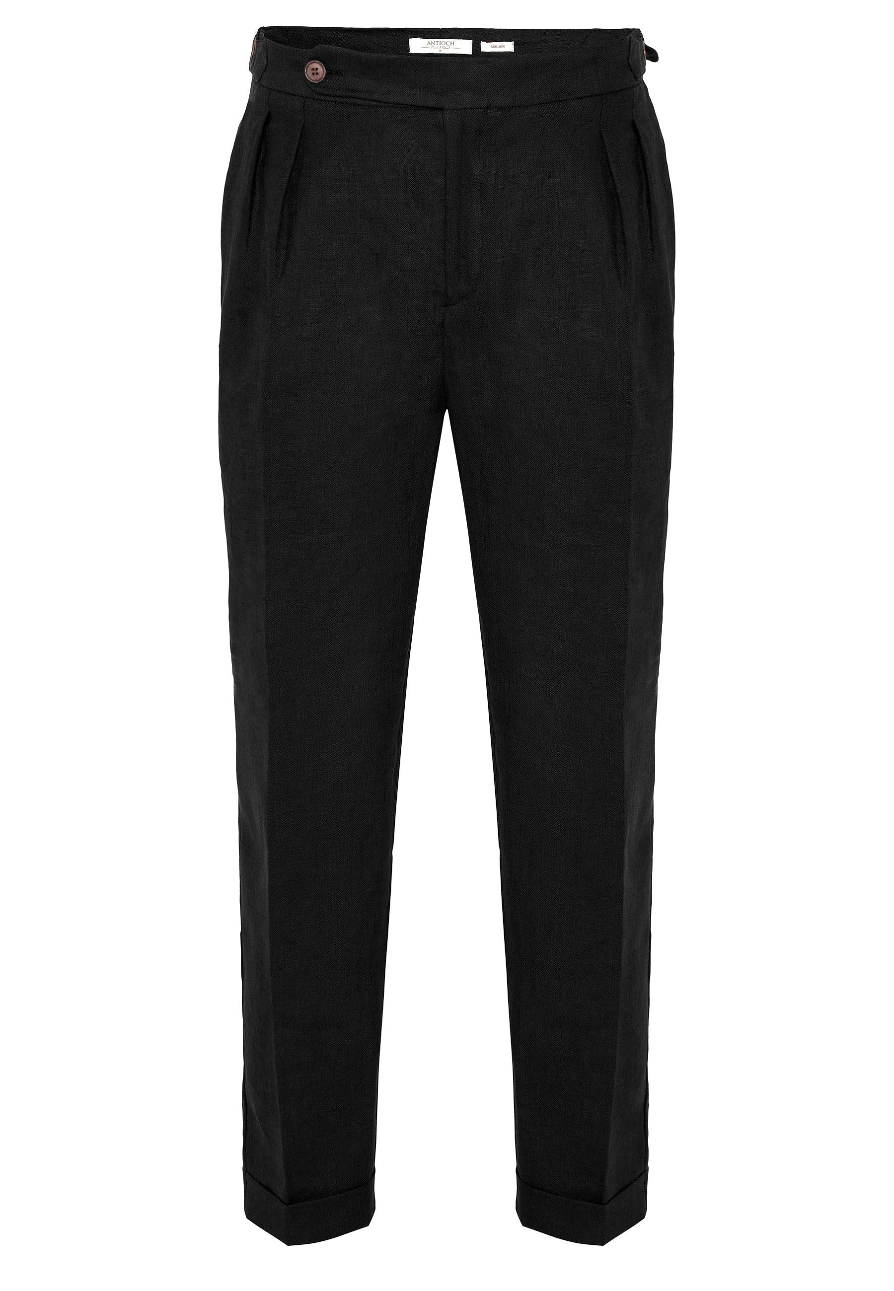 Antioch-Siyah Yüksek Bel %100 Keten Pileli Erkek Pantolon-Pantolon-6-Milagron.com