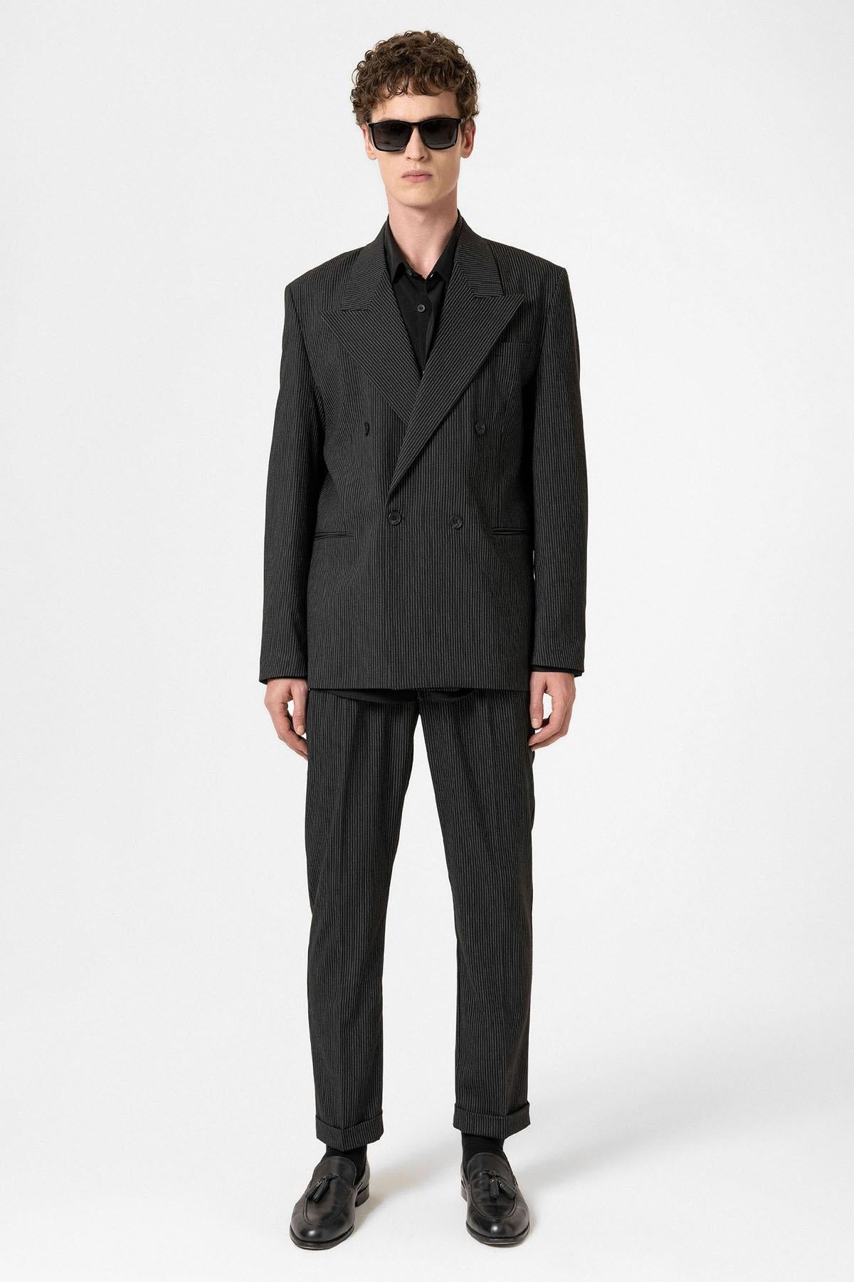 Antioch-Siyah Yüksek Bel Çizgili Duble Paça Erkek Pantolon-Kumaş Pantolon-5-Milagron.com