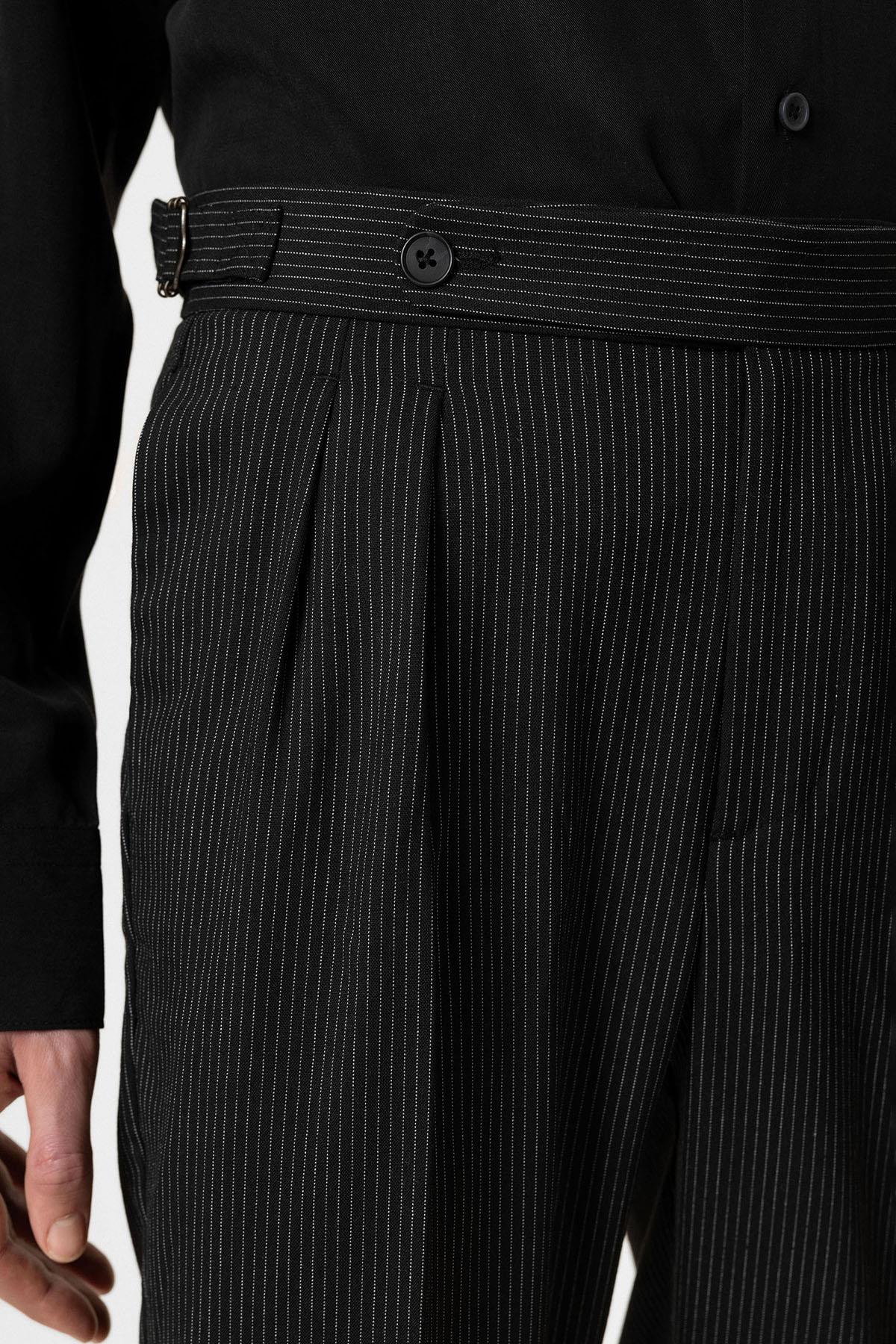 Antioch-Siyah Yüksek Bel Çizgili Duble Paça Erkek Pantolon-Kumaş Pantolon-6-Milagron.com