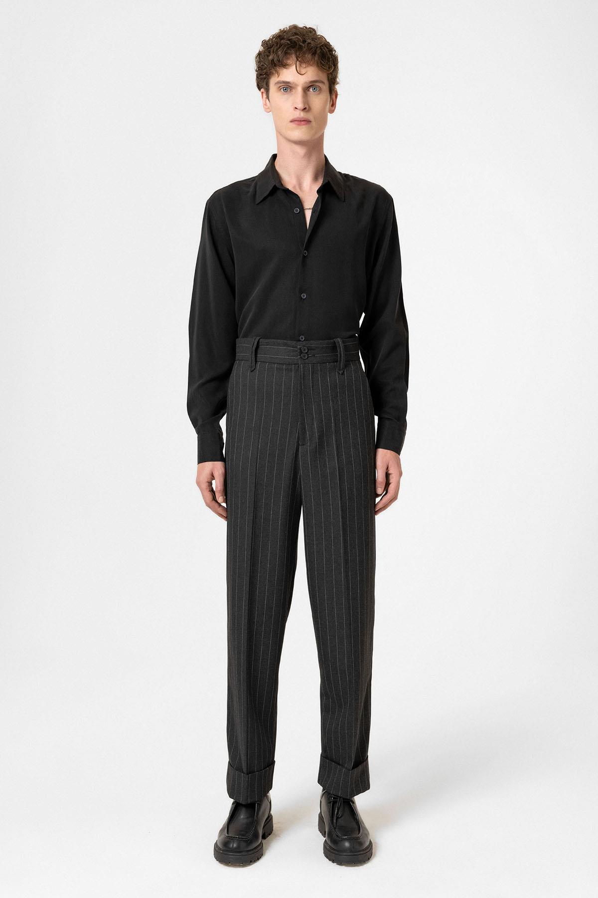 Antioch-Siyah Yüksek Bel Çizgili Relaxed Fit Erkek Pantolon-Kumaş Pantolon-2-Milagron.com