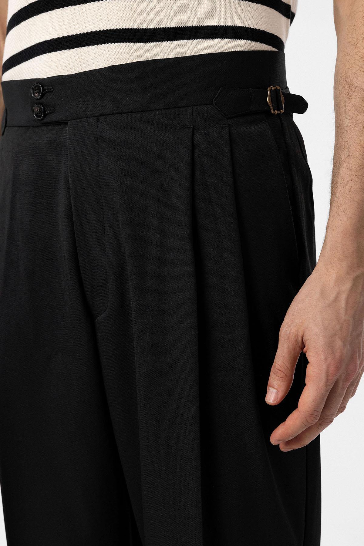 Antioch-Siyah Yüksek Bel İtalyan Kalıp Pileli Erkek Pantolon-Kumaş Pantolon-3-Milagron.com