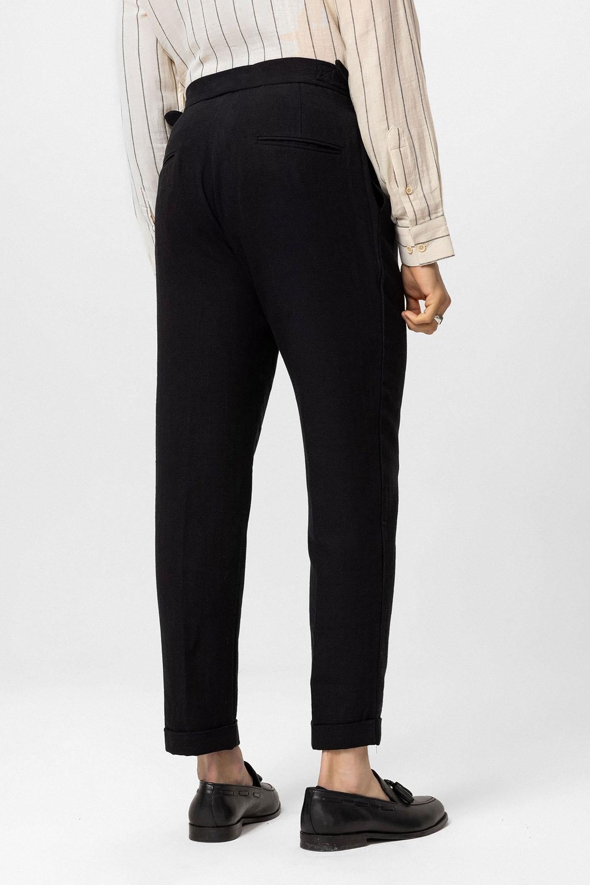 Antioch-Siyah Yüksek Bel Keten Karışımlı Duble Paça Erkek Pantolon-Pantolon-5-Milagron.com