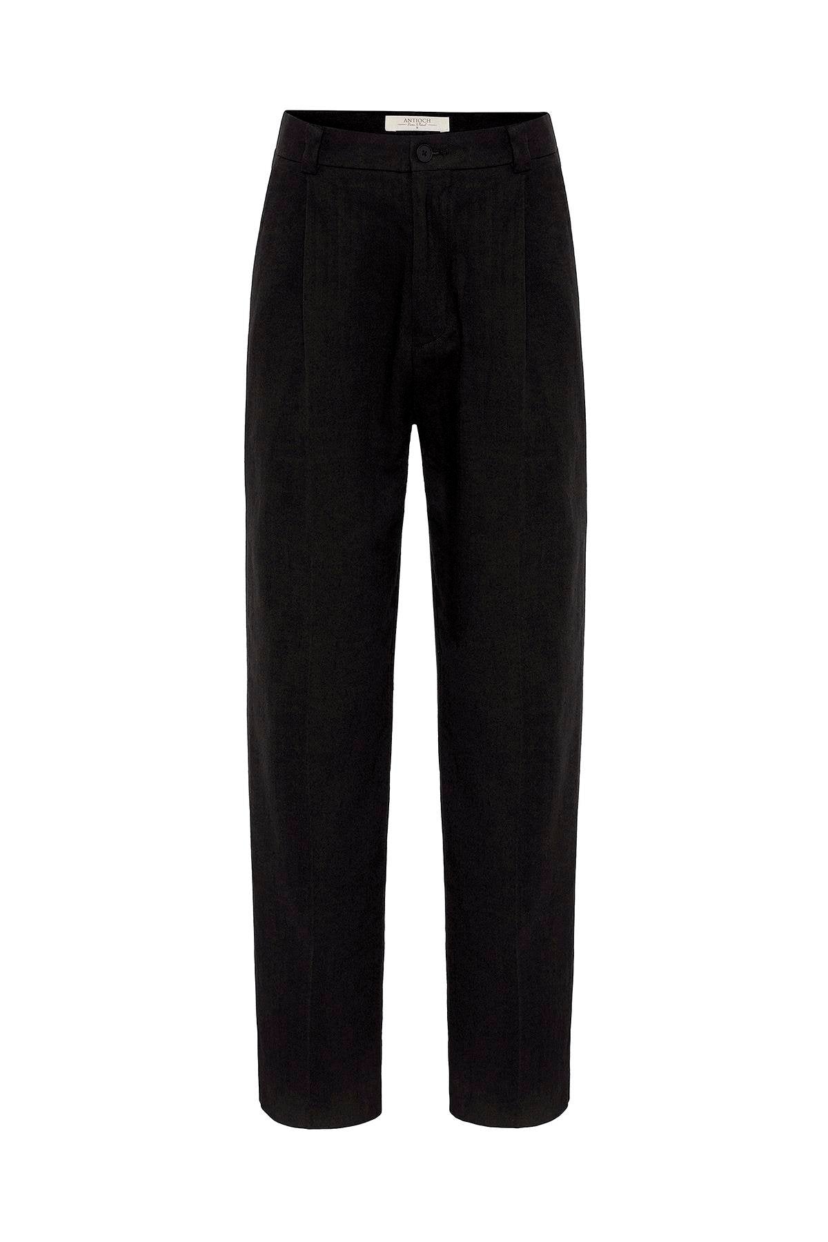 Antioch-Siyah Yüksek Bel Keten Karışımlı Erkek Pantolon-Kumaş Pantolon-6-Milagron.com