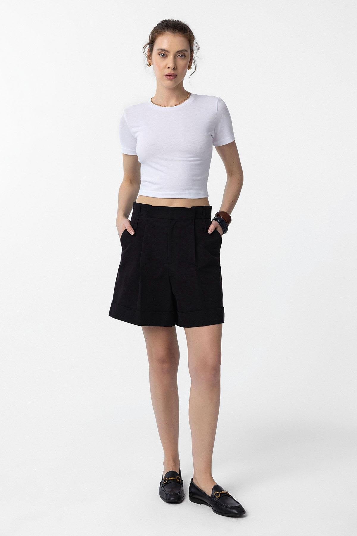 Antioch-Siyah Yüksek Bel Pensli Kadın Bermuda Şort-Şort-2-Milagron.com