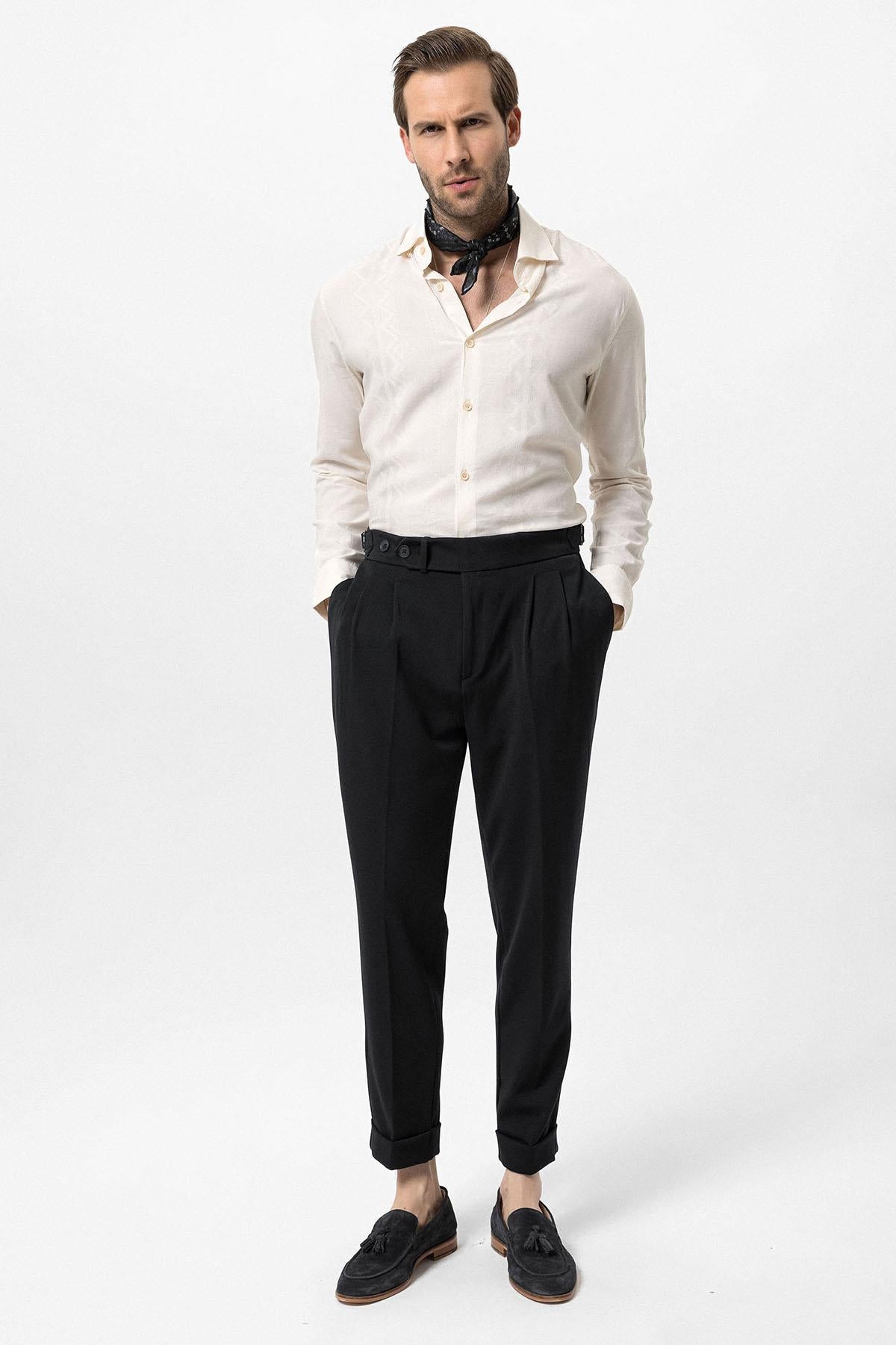 Antioch-Siyah Yüksek Bel Pileli Carrot Fit Erkek Pantolon-Kumaş Pantolon-3-Milagron.com