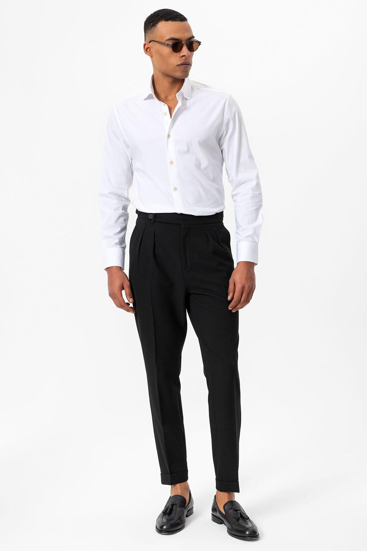 Antioch-Siyah Yüksek Bel Pileli Dokulu Erkek Pantolon-Pantolon-3-Milagron.com