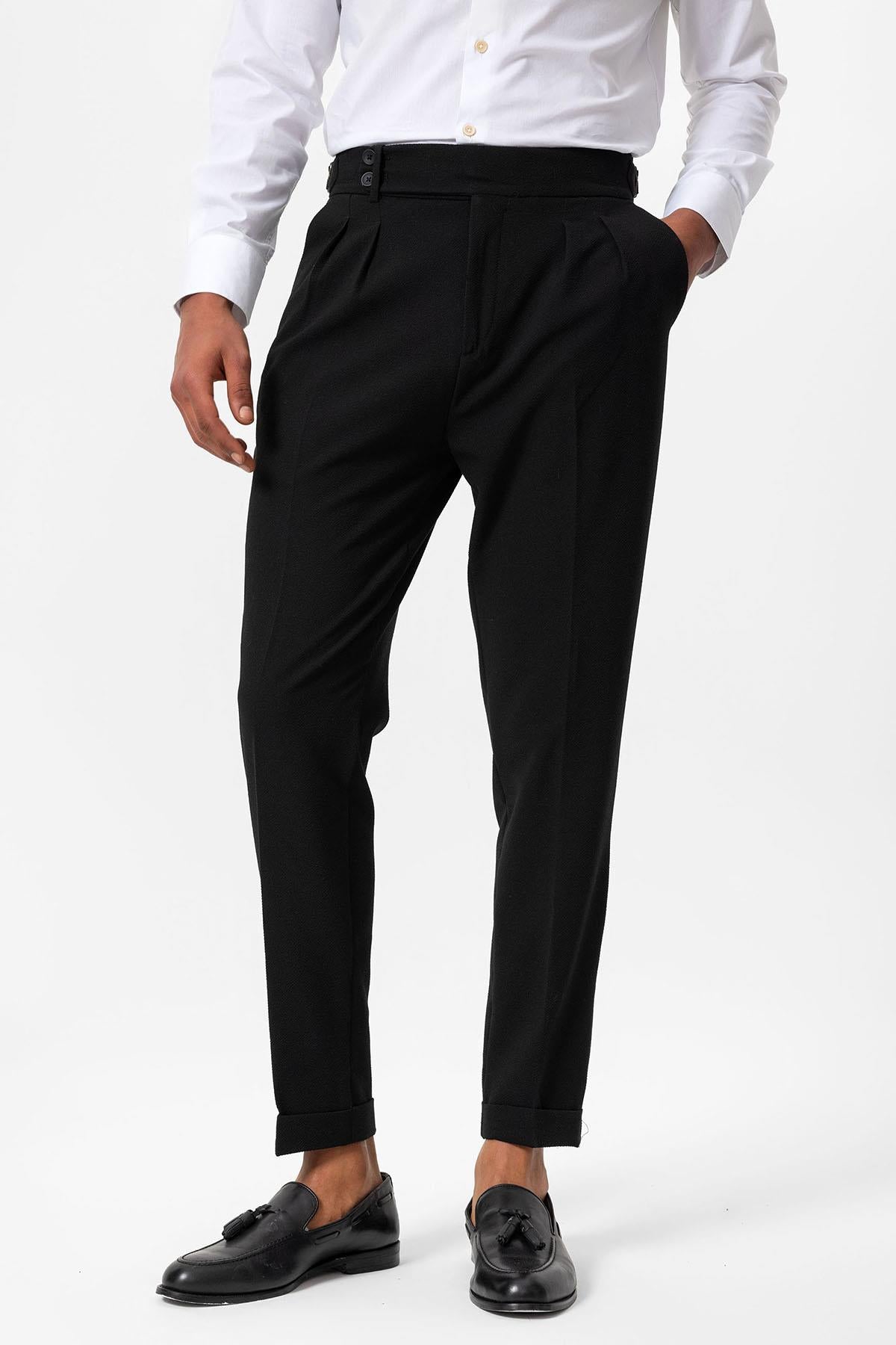 Antioch-Siyah Yüksek Bel Pileli Dokulu Erkek Pantolon-Pantolon-4-Milagron.com