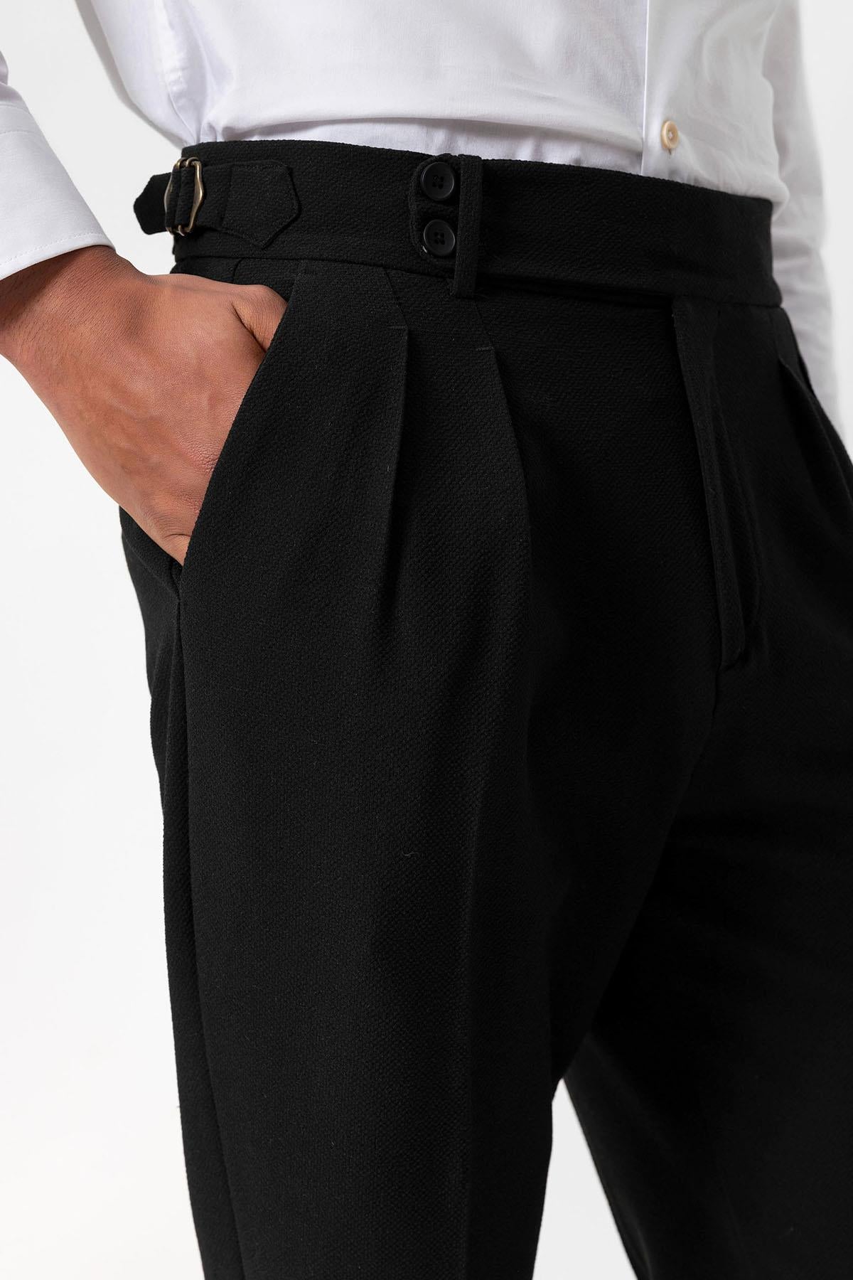 Antioch-Siyah Yüksek Bel Pileli Dokulu Erkek Pantolon-Pantolon-5-Milagron.com