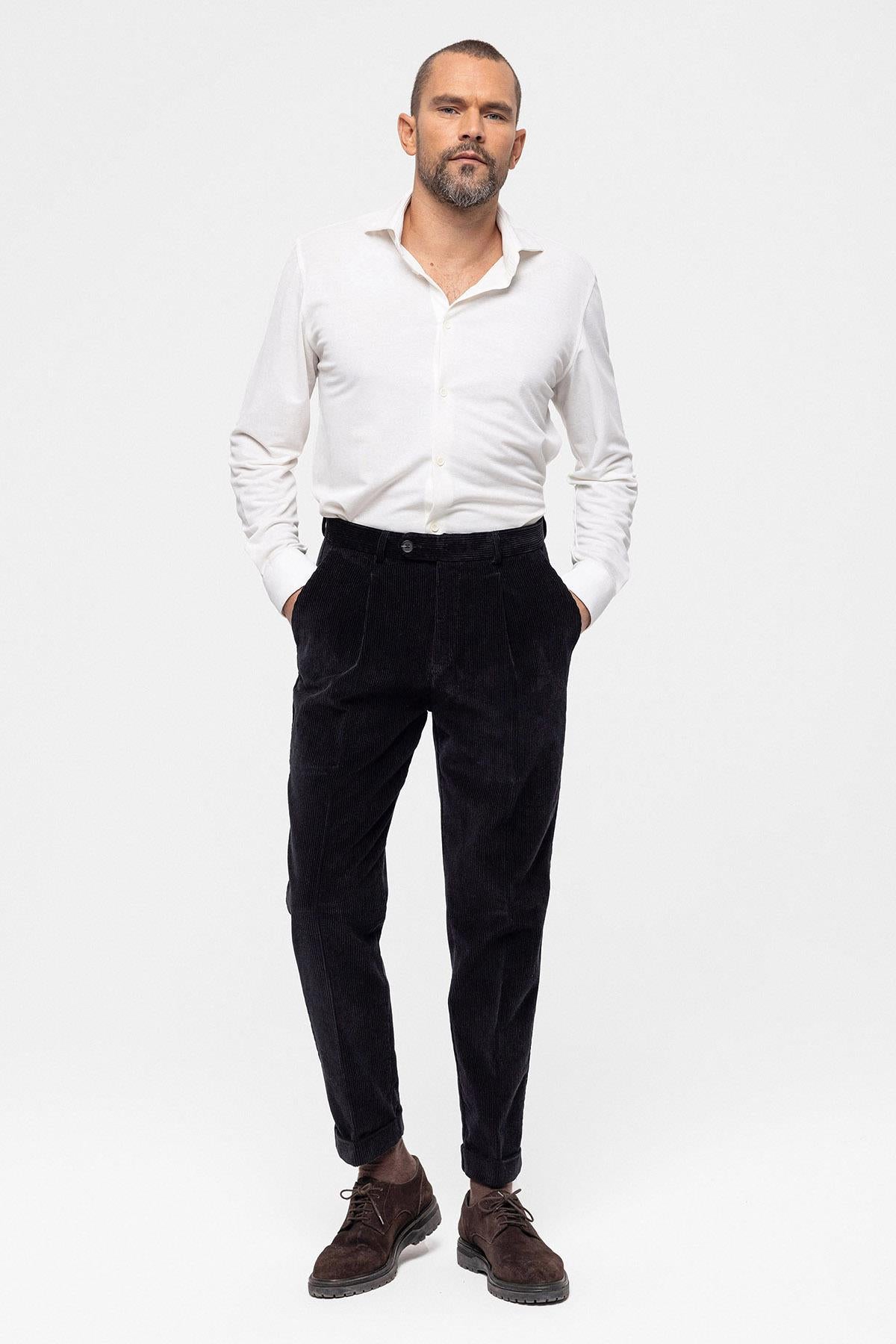 Antioch-Siyah Yüksek Bel Pileli Kadife Erkek Pantolon-Pantolon-2-Milagron.com