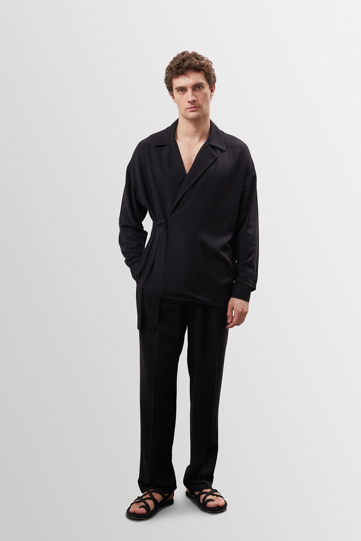 Antioch-Siyah Yüksek Bel Pileli Keten Karışımlı Erkek Pantolon-Pantolon-3-Milagron.com