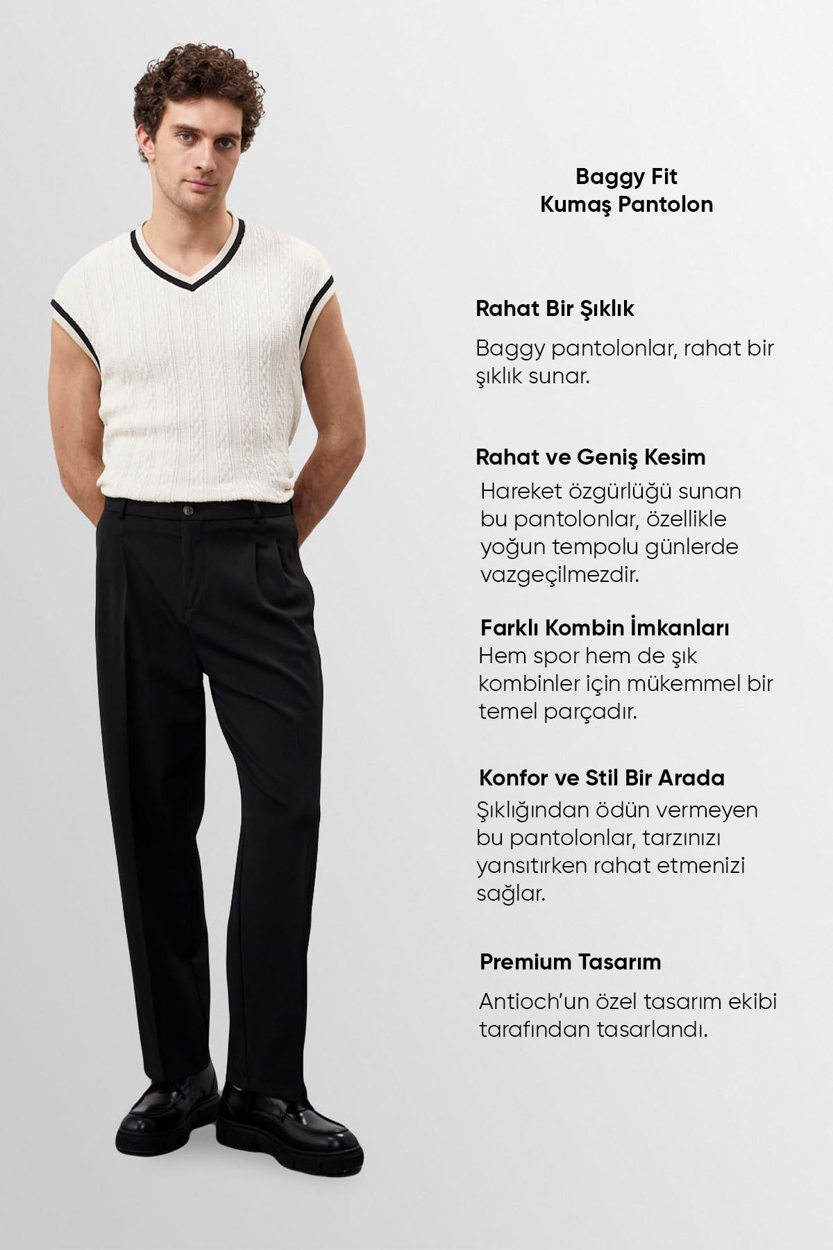 Antioch-Siyah Yüksek Bel Pileli Rahat Kalıp Erkek Pantolon-Kumaş Pantolon-4-Milagron.com