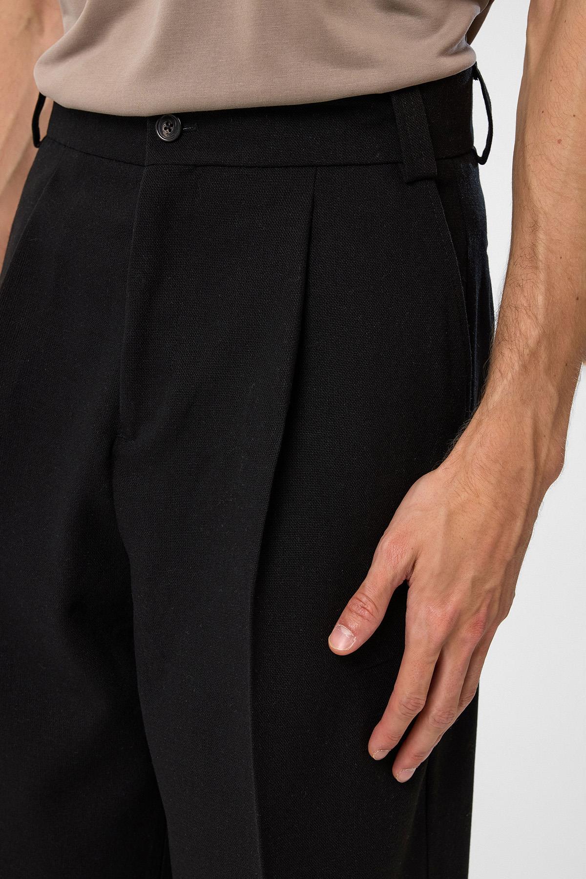 Antioch-Siyah Yüksek Bel Pileli Relax Fit Erkek Pantolon-Kumaş Pantolon-4-Milagron.com