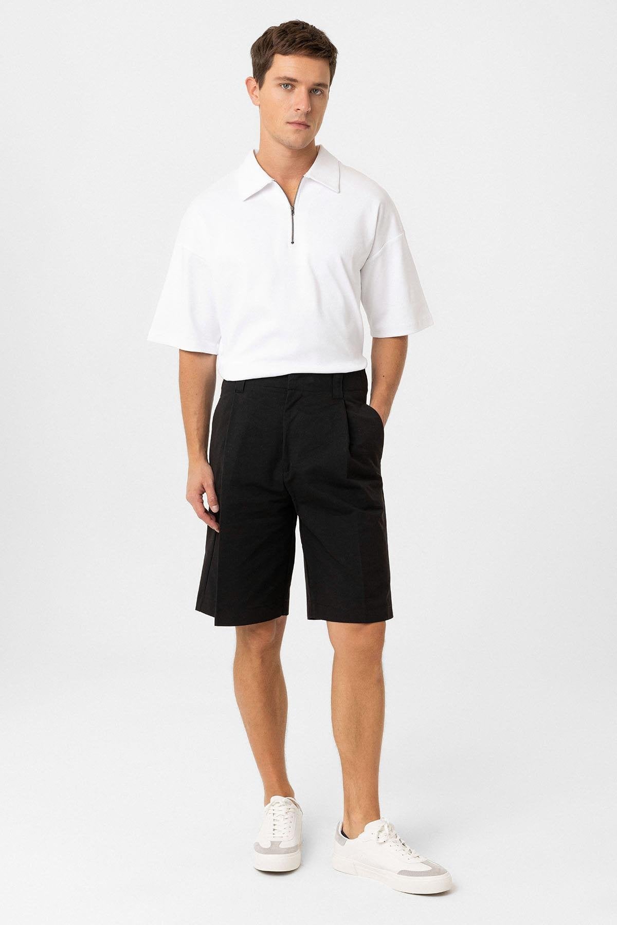 Antioch-Siyah Yüksek Bel Pileli Relaxed Bermuda Erkek Şort-Şort-2-Milagron.com