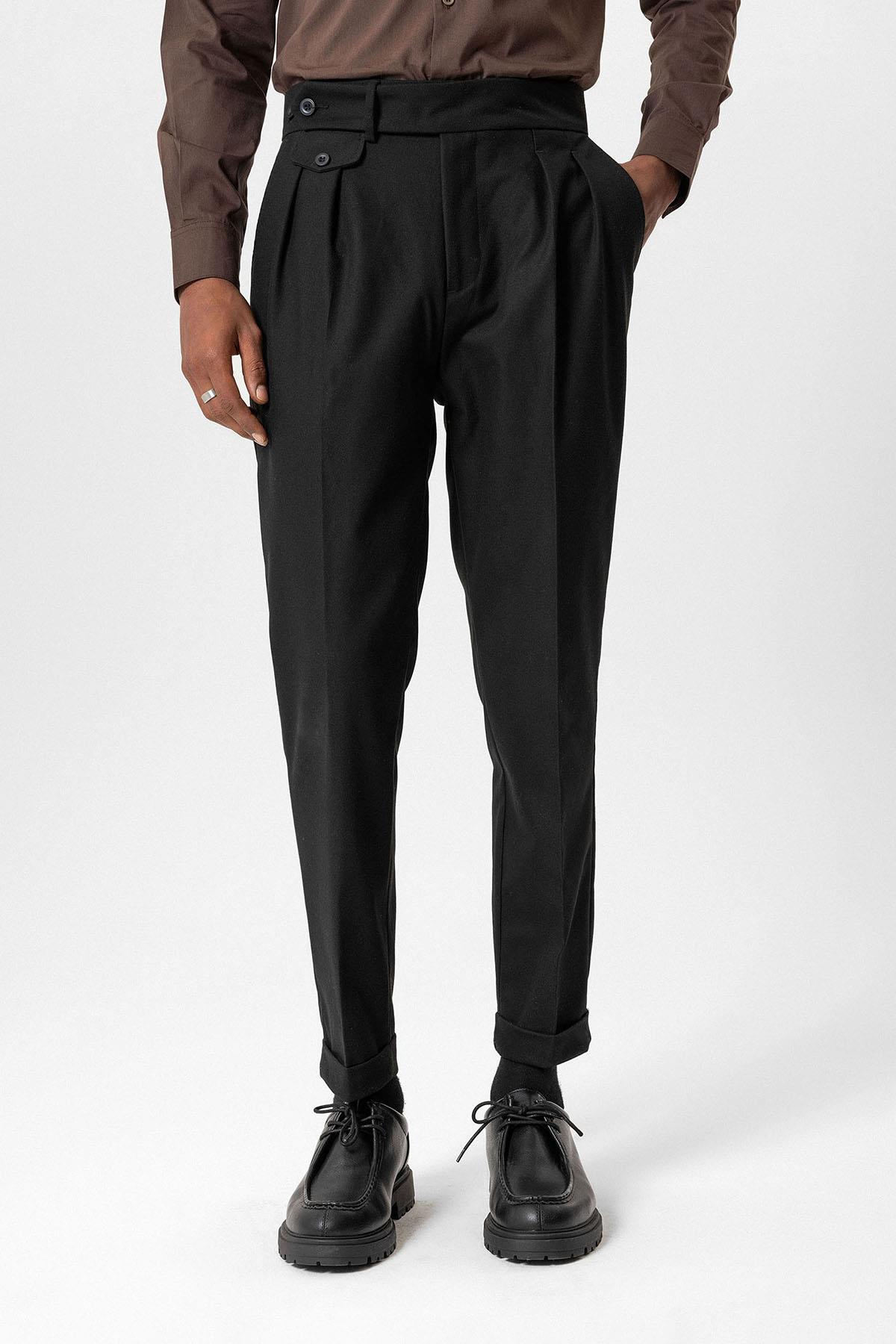 Antioch-Siyah Yüksek Bel Pileli Teknik Erkek Pantolon-Pantolon-3-Milagron.com