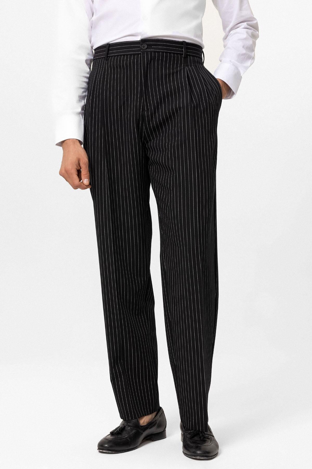Antioch-Siyah Yüksek Bel Relax Fit Çizgili Erkek Pantolon-Pantolon-1-Milagron.com