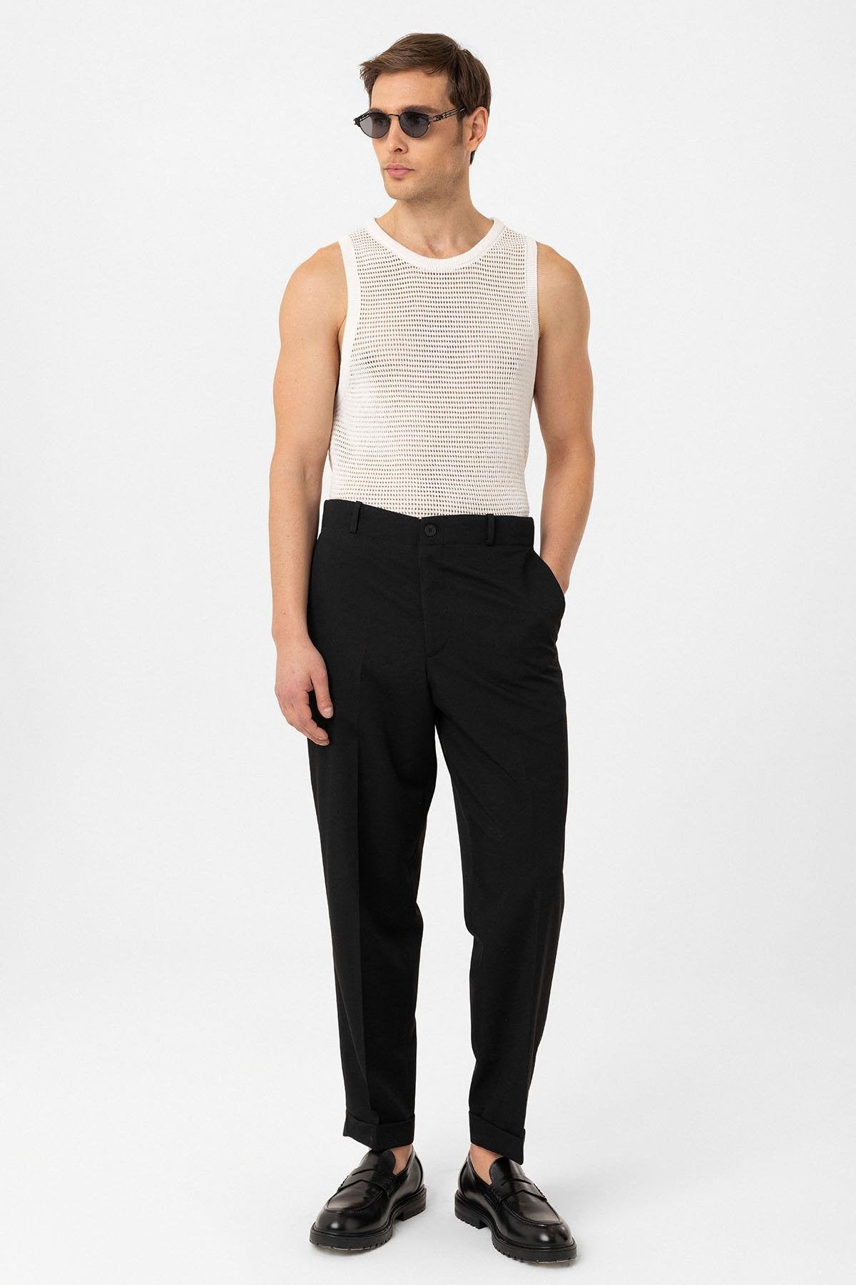 Antioch-Siyah Yüksek Bel Straight Fit Erkek Pantolon-Kumaş Pantolon-2-Milagron.com