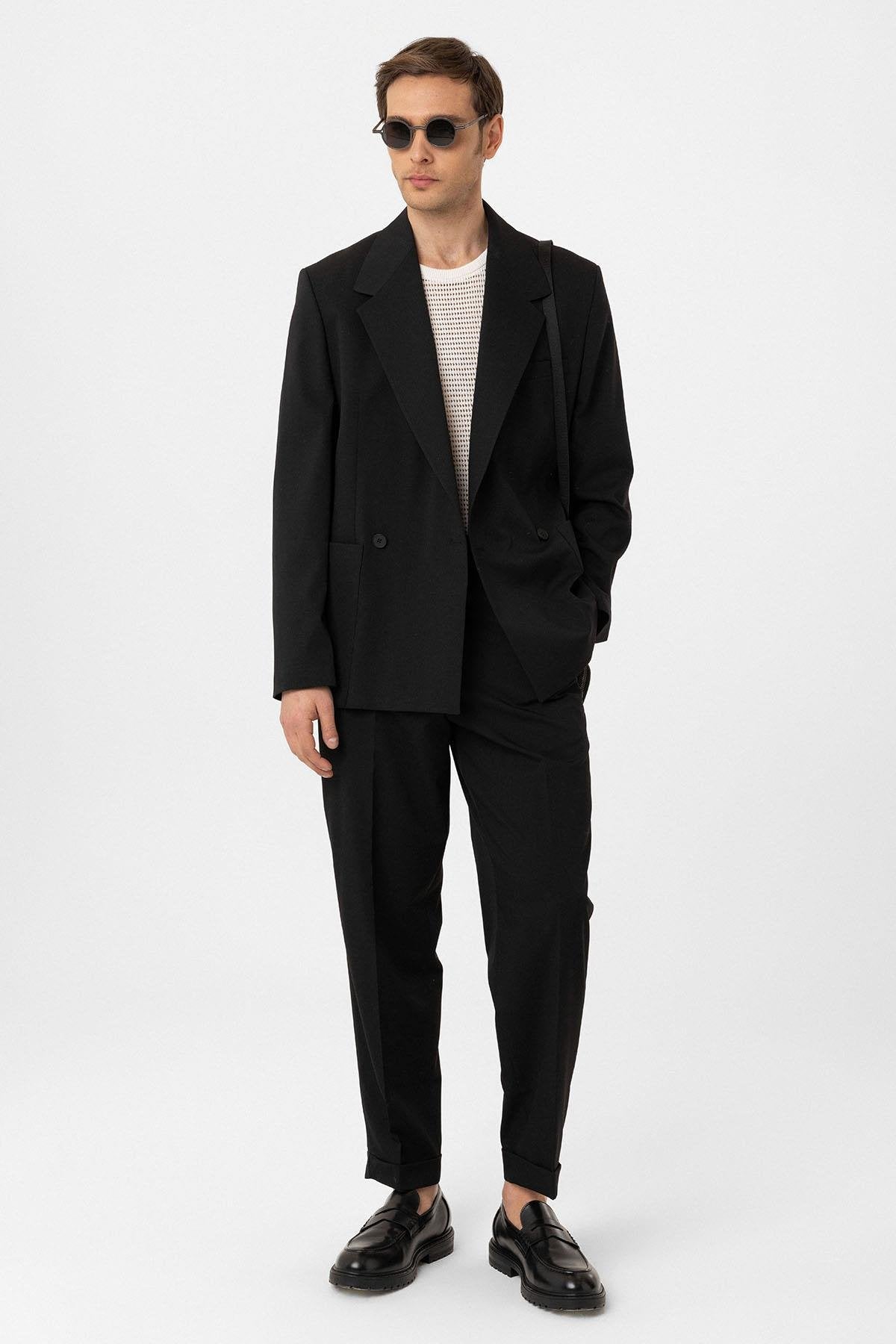 Antioch-Siyah Yüksek Bel Straight Fit Erkek Pantolon-Kumaş Pantolon-5-Milagron.com