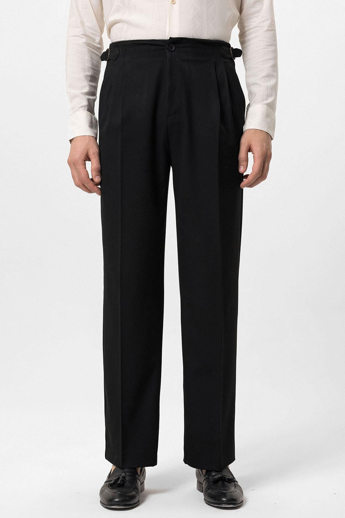 Antioch-Siyah Yüksek Bel Toka Detaylı Rahat Kalıp Erkek Pantolon-Kumaş Pantolon-1-Milagron.com