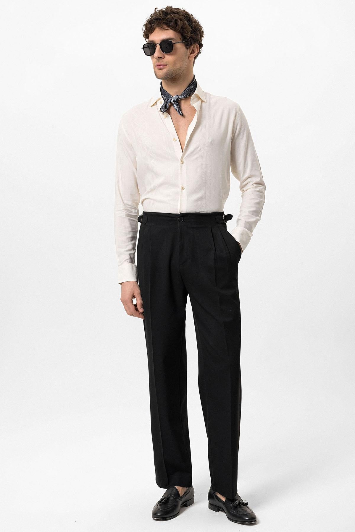 Antioch-Siyah Yüksek Bel Toka Detaylı Rahat Kalıp Erkek Pantolon-Kumaş Pantolon-3-Milagron.com