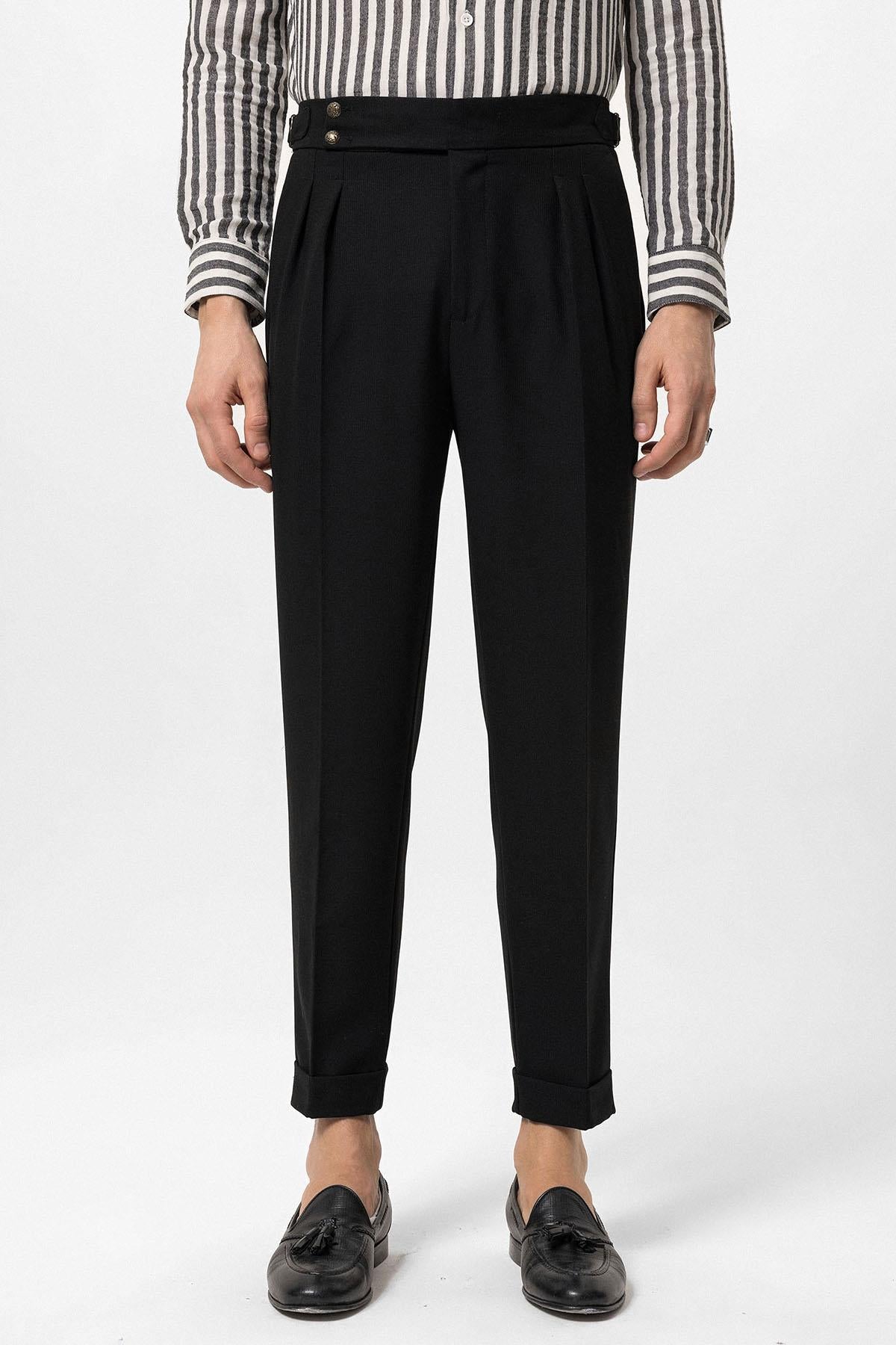 Antioch-Siyah Yüksek Bel Yandan Tokalı Pileli Kumaş Pantolon-Kumaş Pantolon-4-Milagron.com