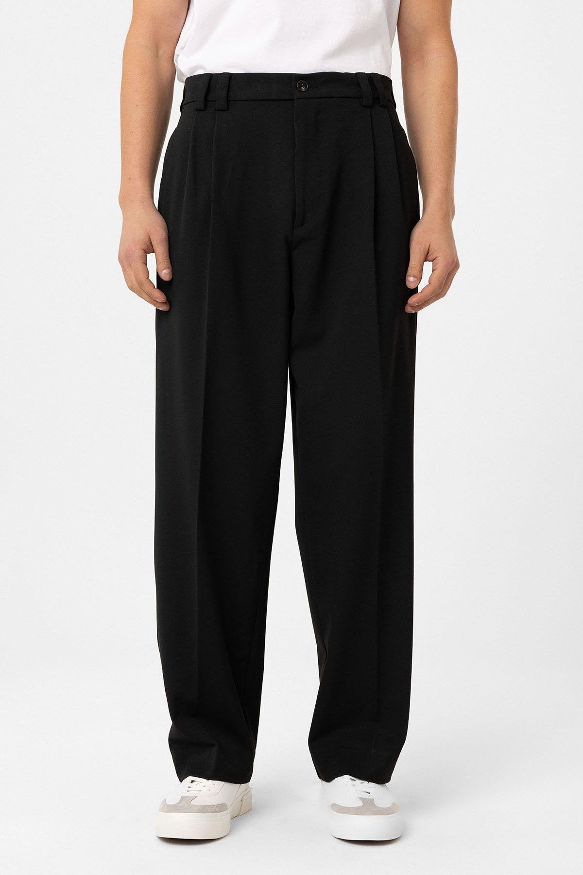 Antioch-Siyah Yüksel Bel Relax Fit Pileli Erkek Pantolon-Kumaş Pantolon-3-Milagron.com