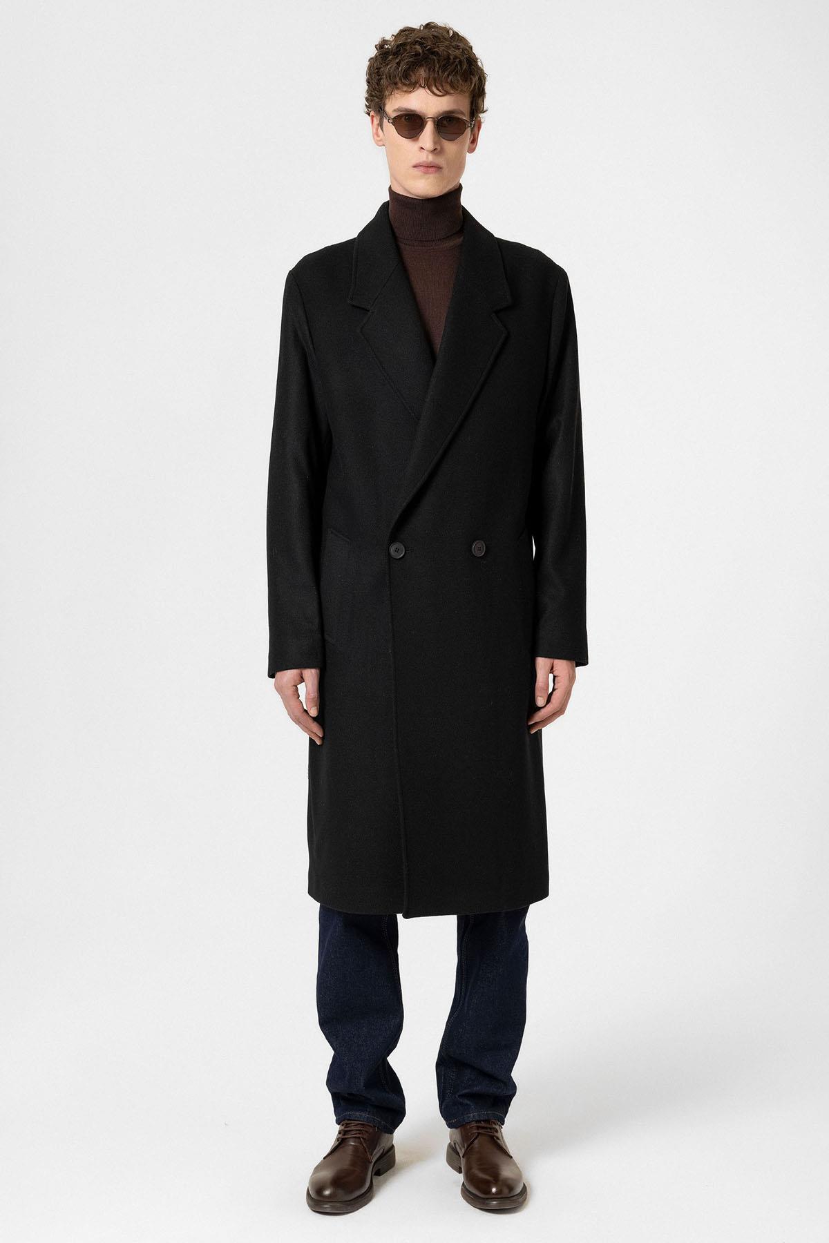 Antioch-Siyah Yün Karışımlı Balıksırtı Kruvaze Erkek Kaban-Kaban-1-Milagron.com