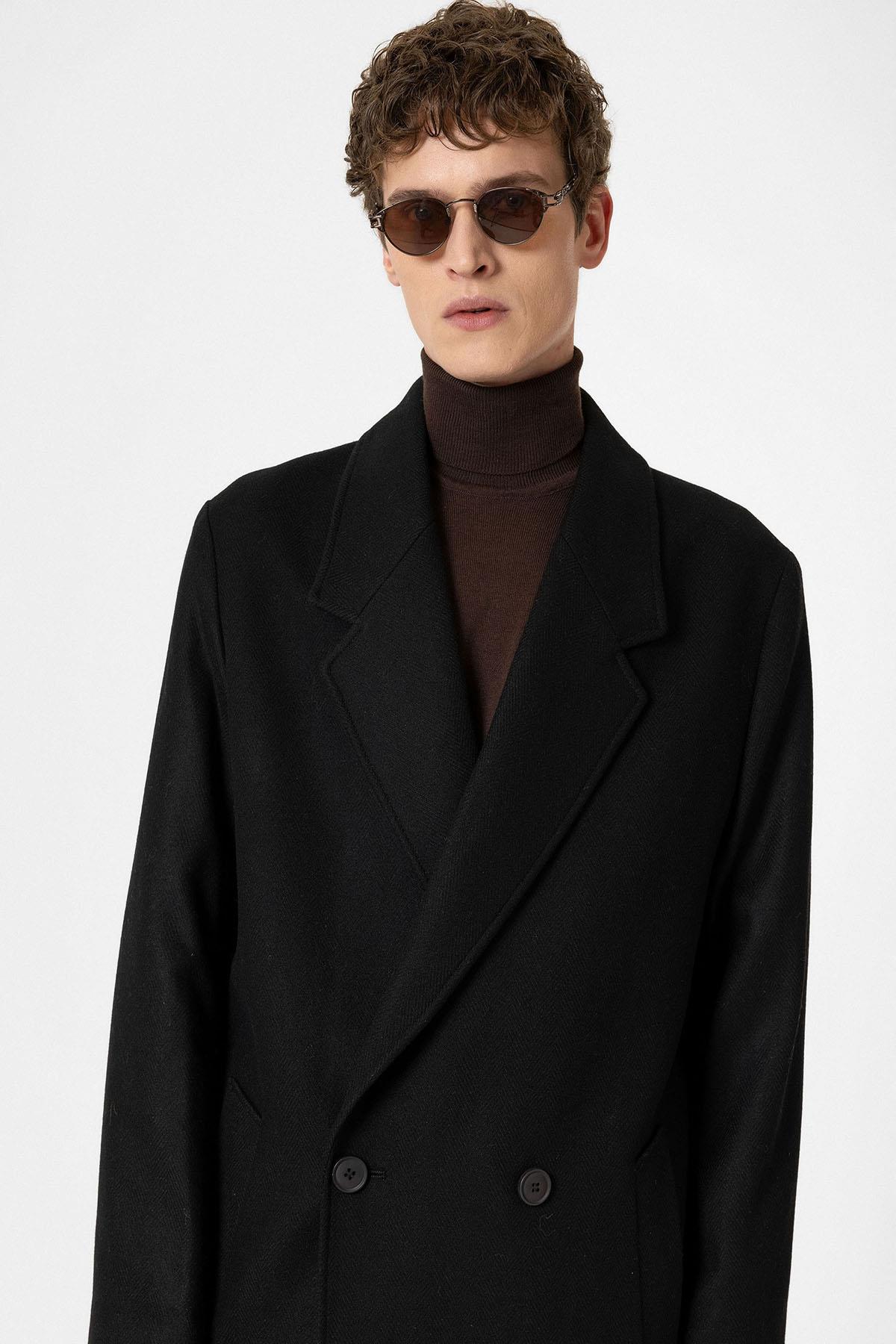 Antioch-Siyah Yün Karışımlı Balıksırtı Kruvaze Erkek Kaban-Kaban-4-Milagron.com