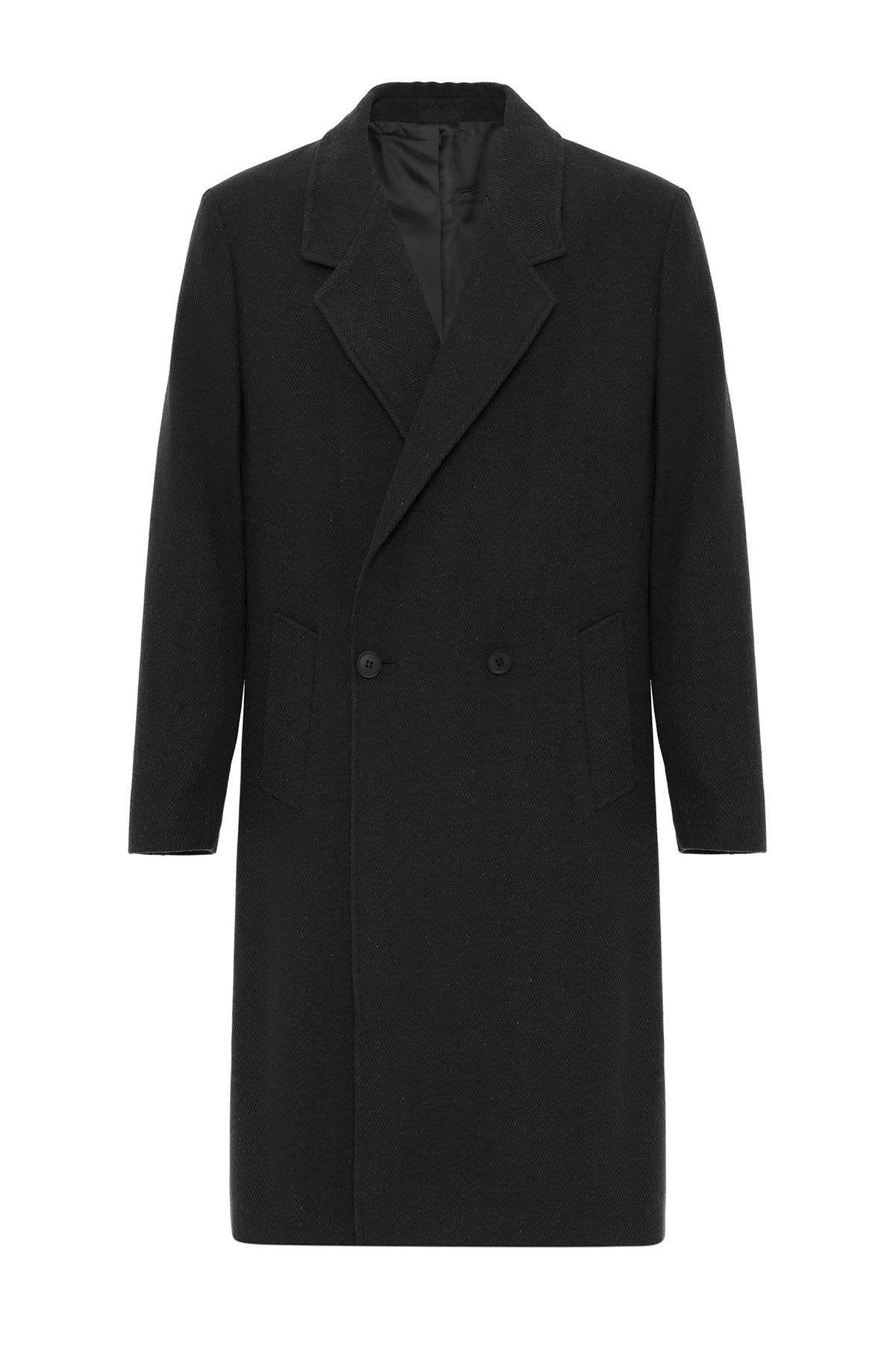 Antioch-Siyah Yün Karışımlı Balıksırtı Kruvaze Erkek Kaban-Kaban-6-Milagron.com