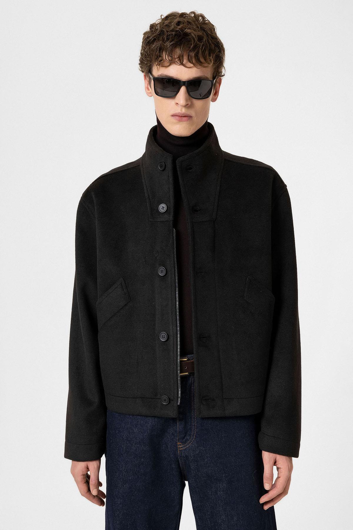 Antioch-Siyah Yün Karışımlı Dik Yaka Erkek Mont-Mont-1-Milagron.com