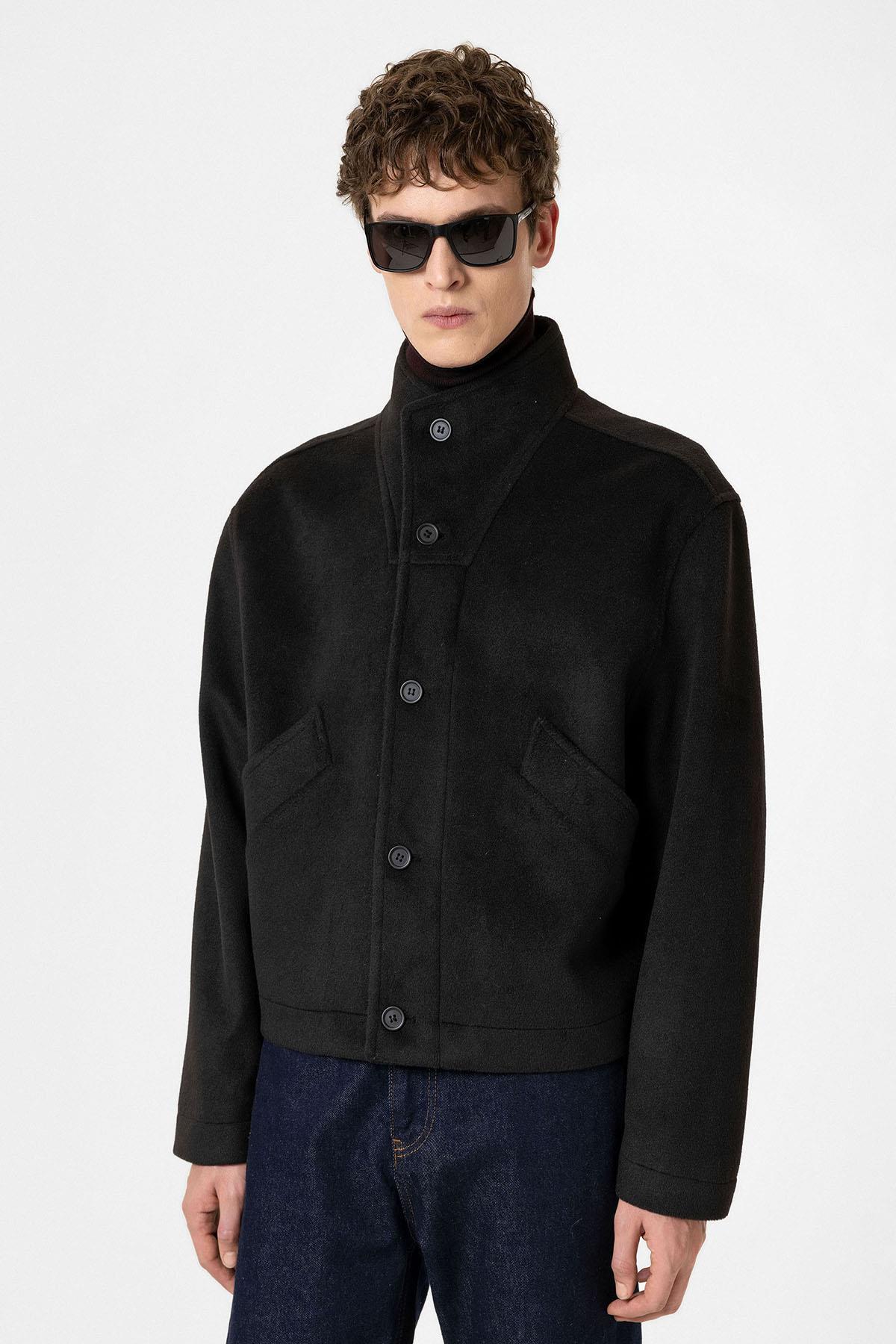 Antioch-Siyah Yün Karışımlı Dik Yaka Erkek Mont-Mont-2-Milagron.com