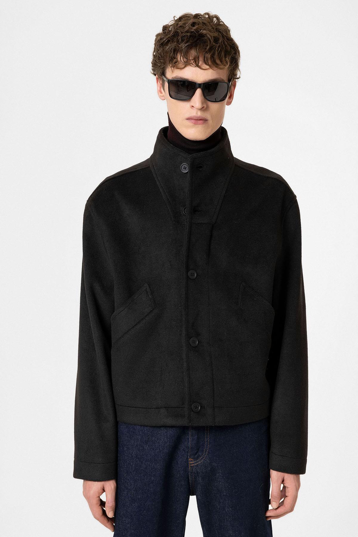 Antioch-Siyah Yün Karışımlı Dik Yaka Erkek Mont-Mont-4-Milagron.com