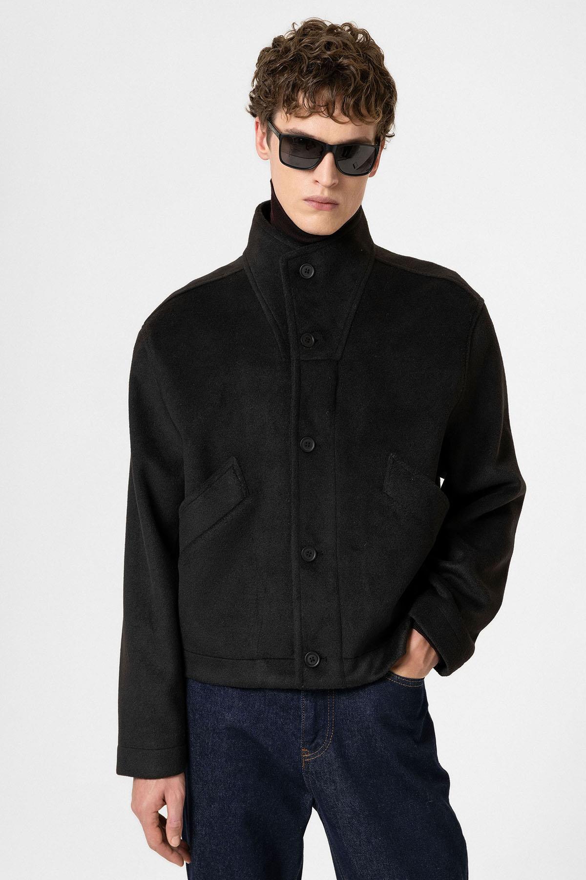 Antioch-Siyah Yün Karışımlı Dik Yaka Erkek Mont-Mont-5-Milagron.com