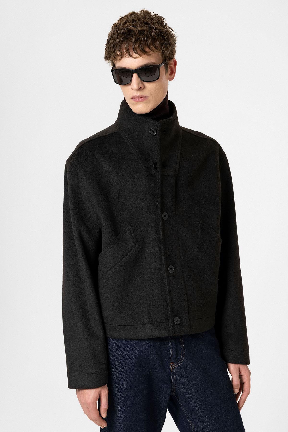 Antioch-Siyah Yün Karışımlı Dik Yaka Erkek Mont-Mont-6-Milagron.com